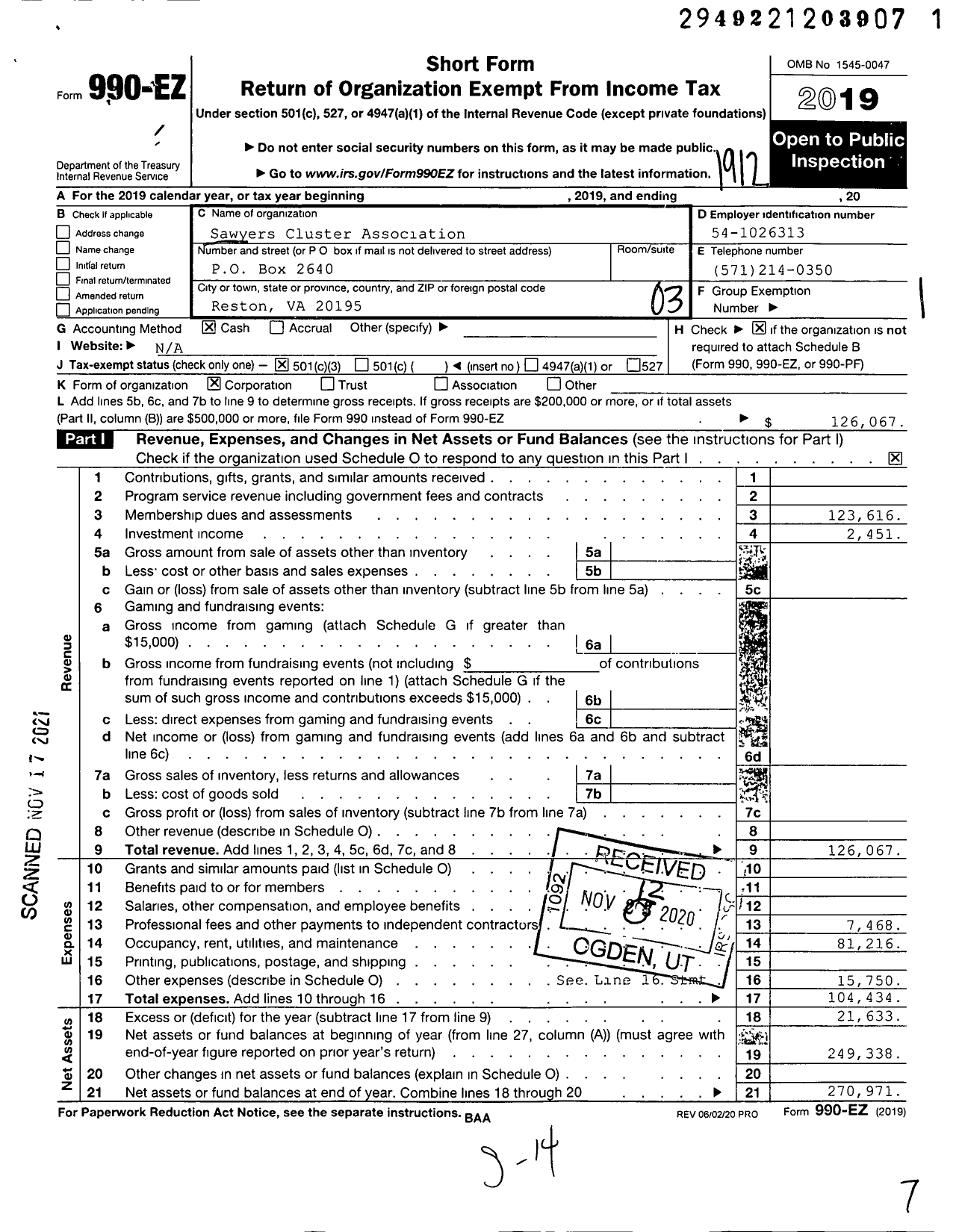 Image of first page of 2019 Form 990EZ for Sawyers Cluster Association