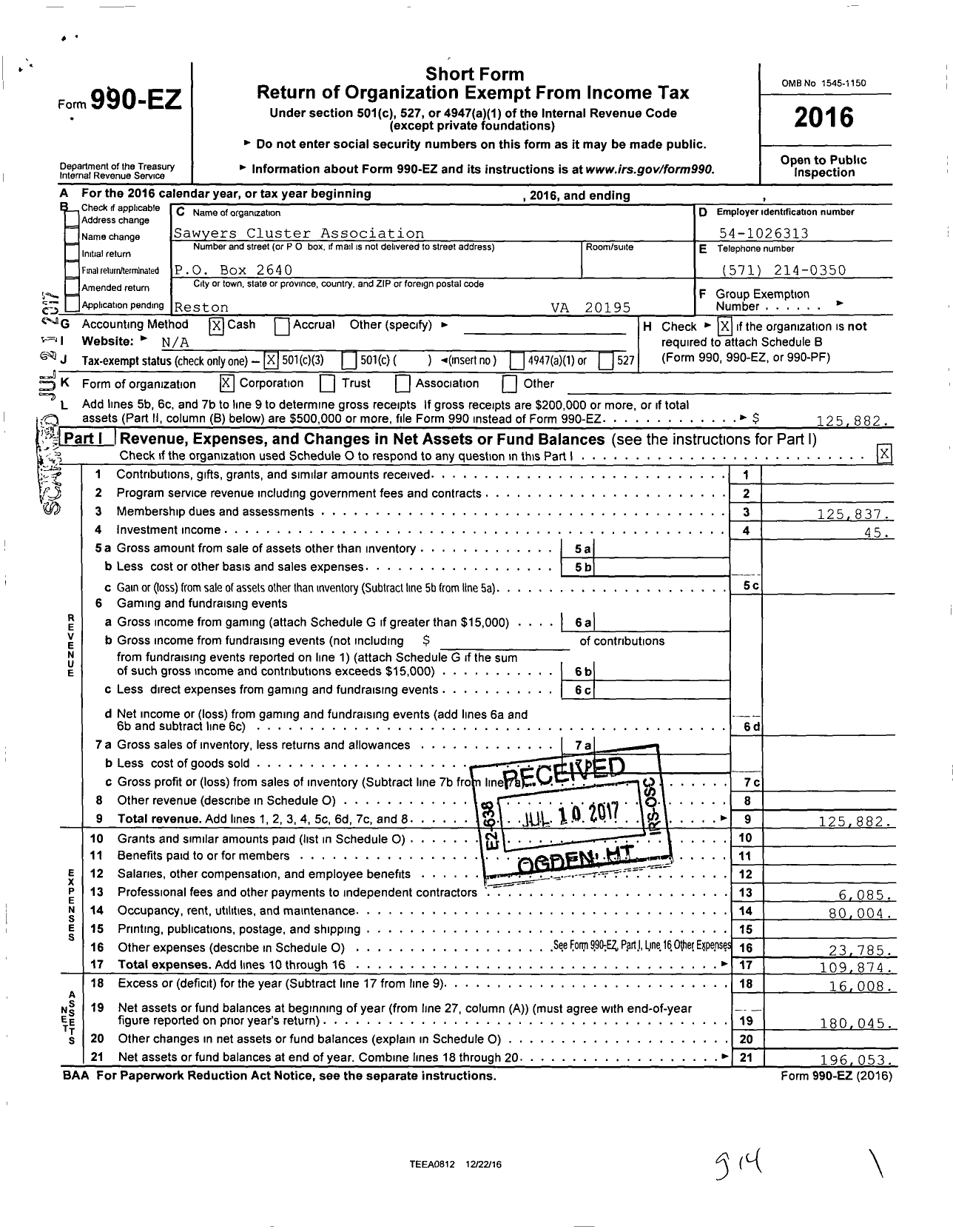 Image of first page of 2016 Form 990EZ for Sawyers Cluster Association