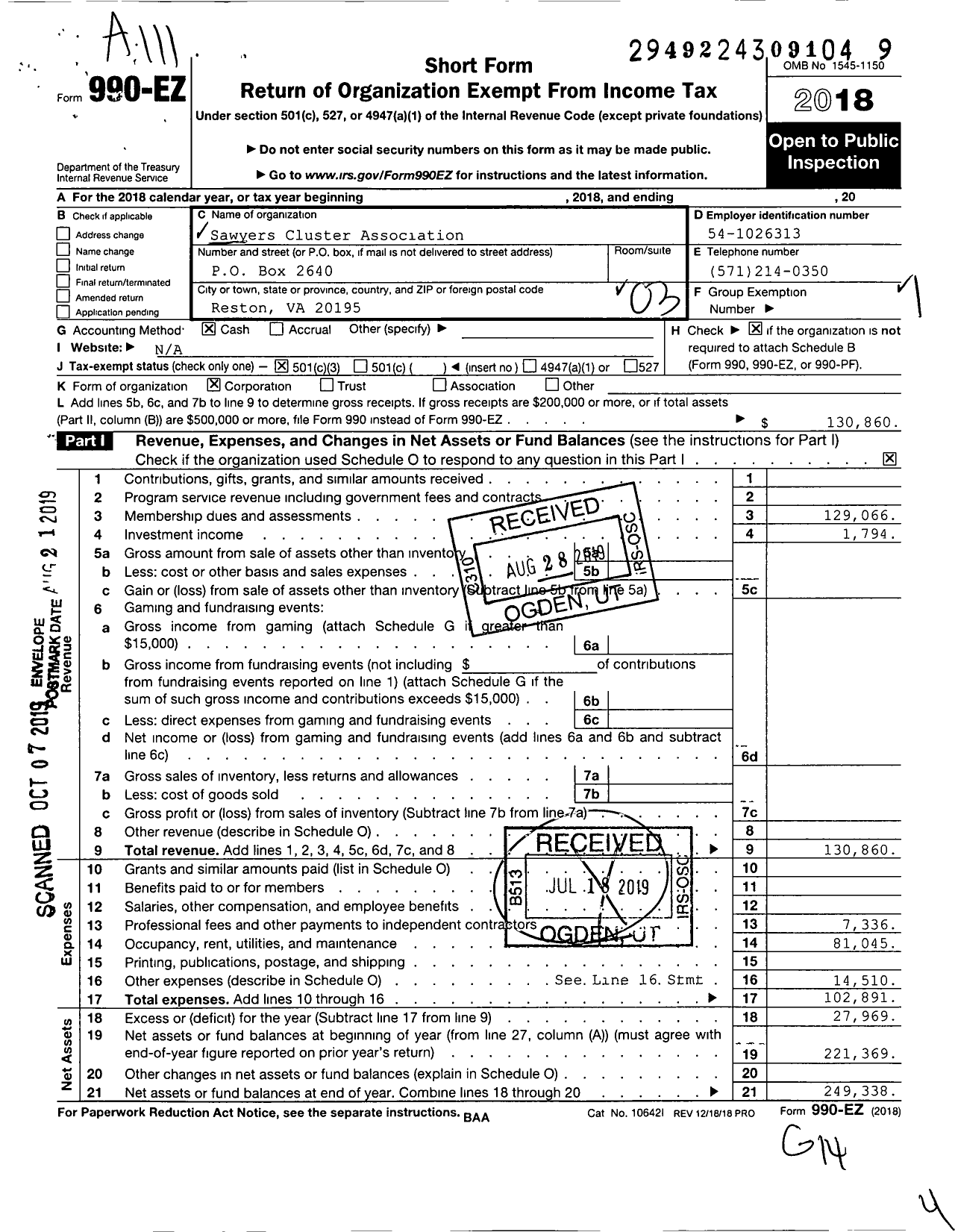 Image of first page of 2018 Form 990EZ for Sawyers Cluster Association