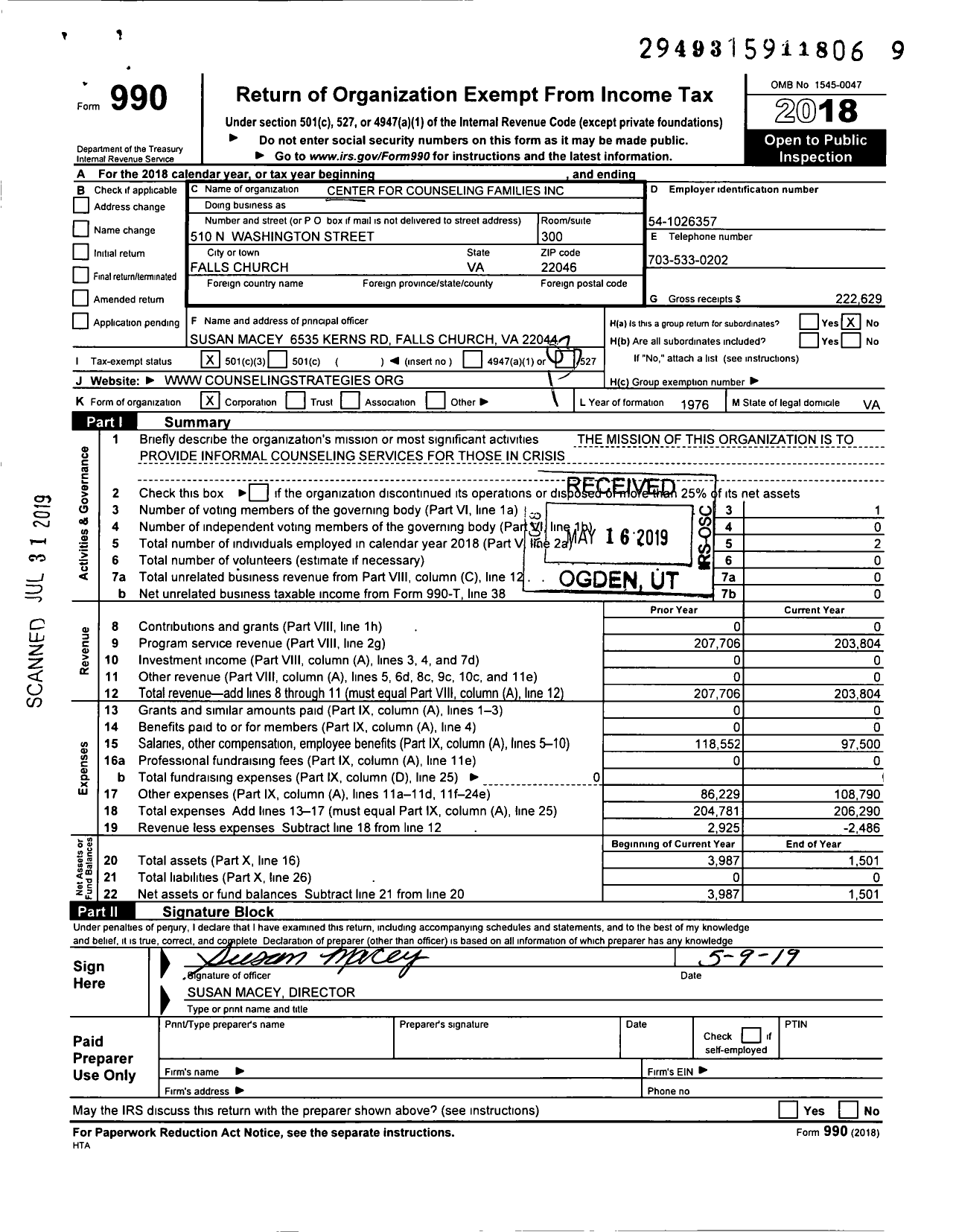 Image of first page of 2018 Form 990 for Center for Counseling Families