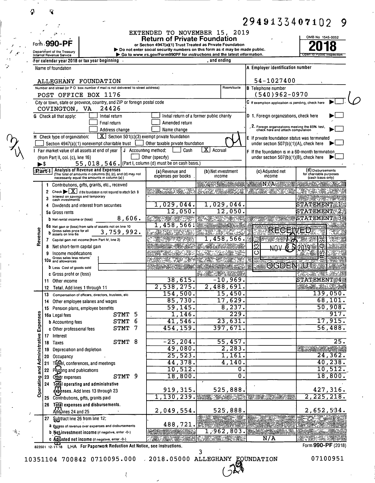 Image of first page of 2018 Form 990PF for Alleghany Foundation