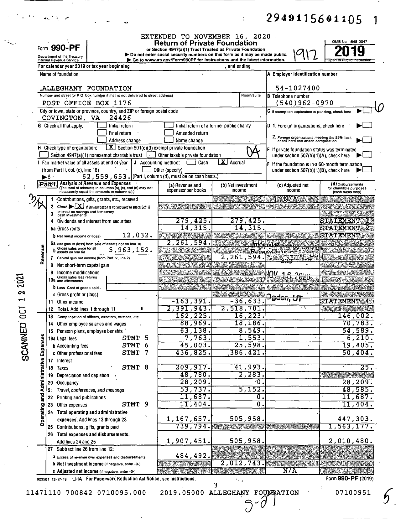 Image of first page of 2019 Form 990PF for Alleghany Foundation