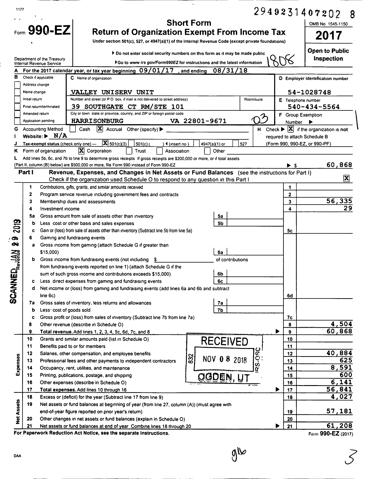 Image of first page of 2017 Form 990EZ for Valley Uniserv Unit