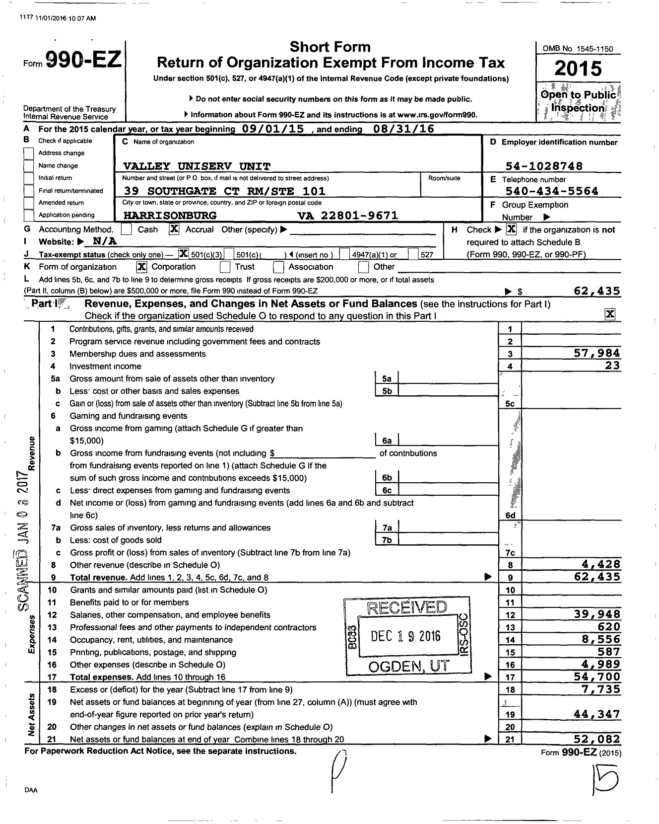 Image of first page of 2015 Form 990EZ for Valley Uniserv Unit