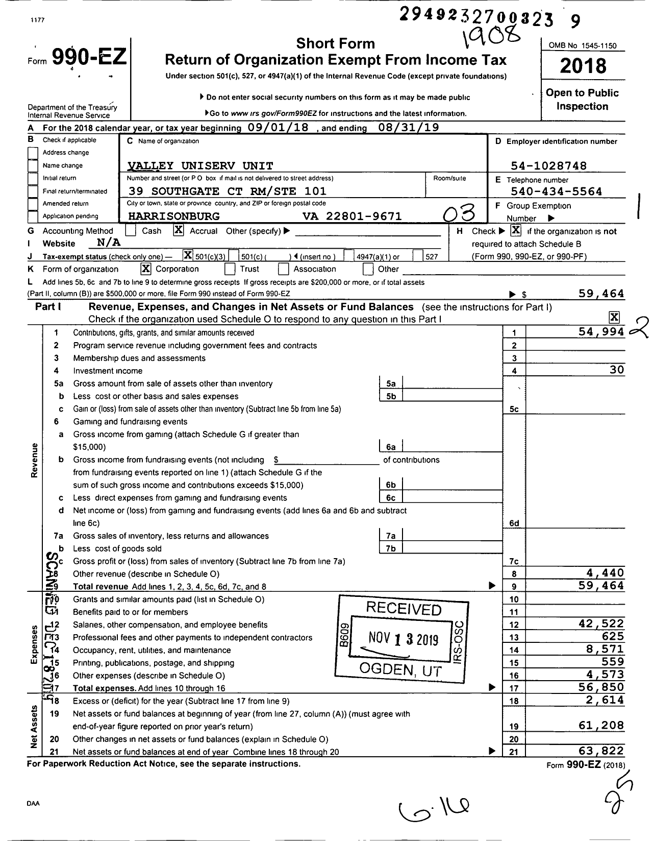 Image of first page of 2018 Form 990EZ for Valley Uniserv Unit