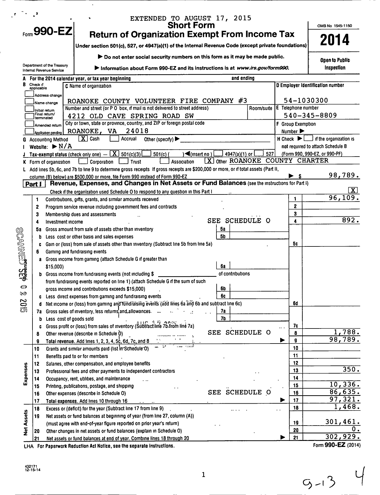 Image of first page of 2014 Form 990EZ for Roanoke County Volunteer Fire Department 3 Cave Spring