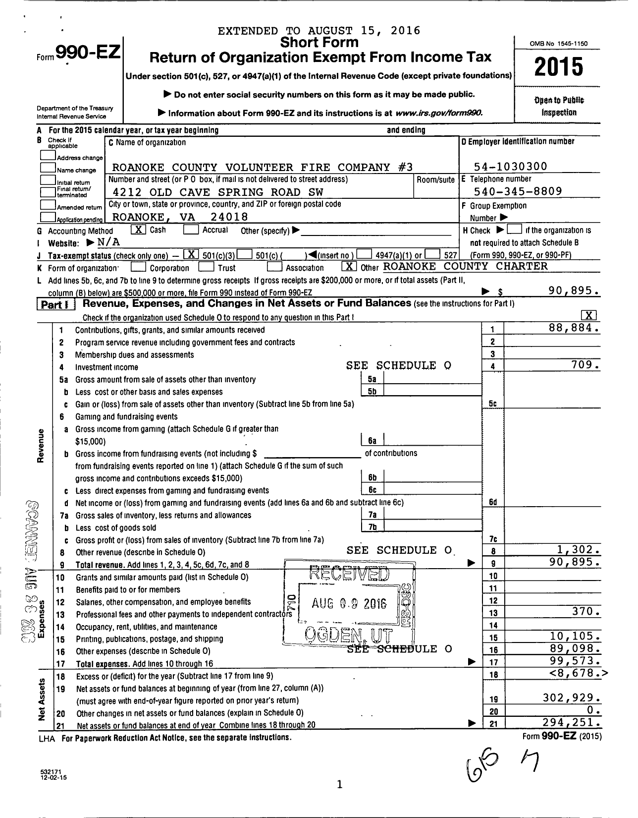 Image of first page of 2015 Form 990EZ for Roanoke County Volunteer Fire Department 3 Cave Spring