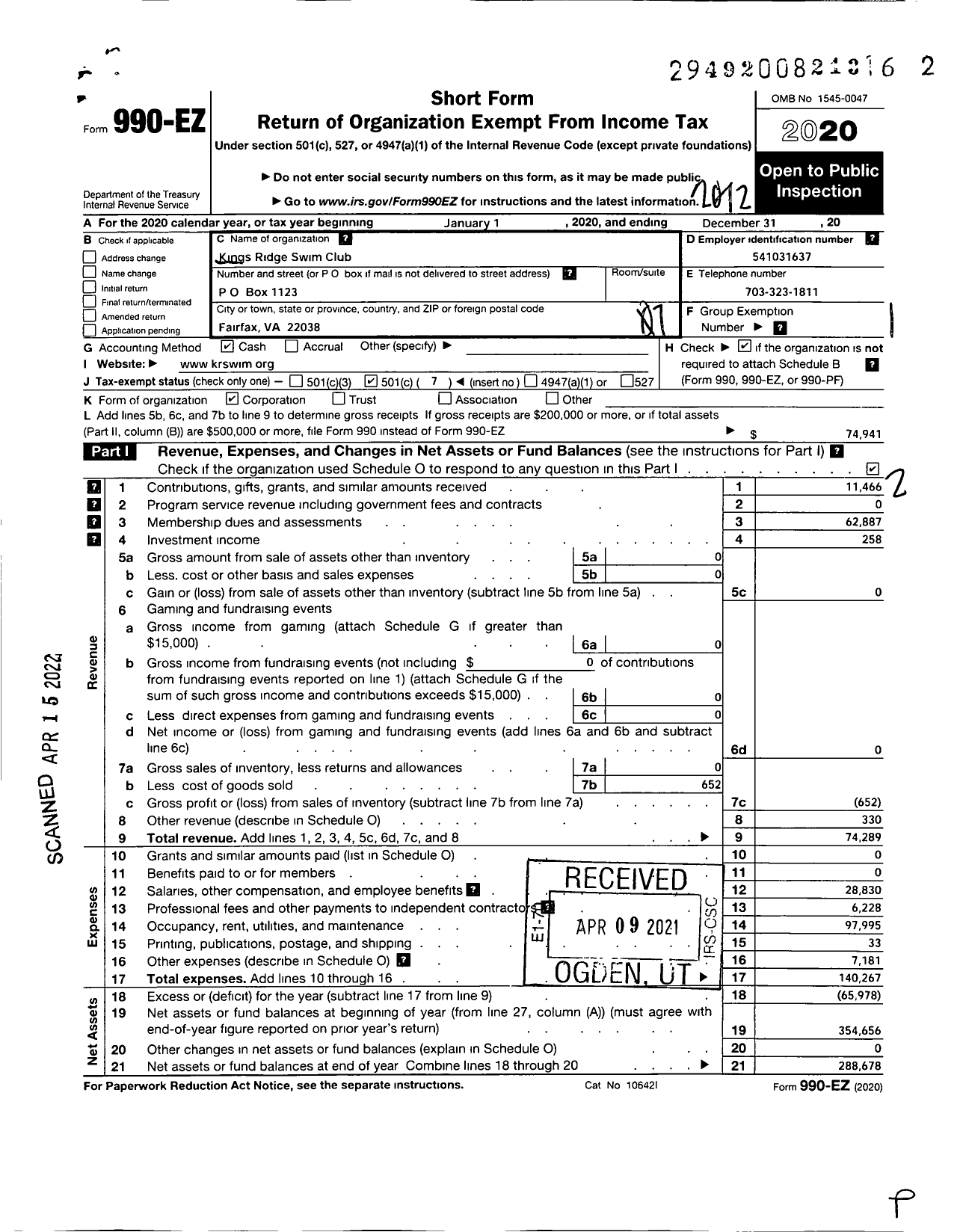 Image of first page of 2020 Form 990EO for Kings Ridge Swim Club