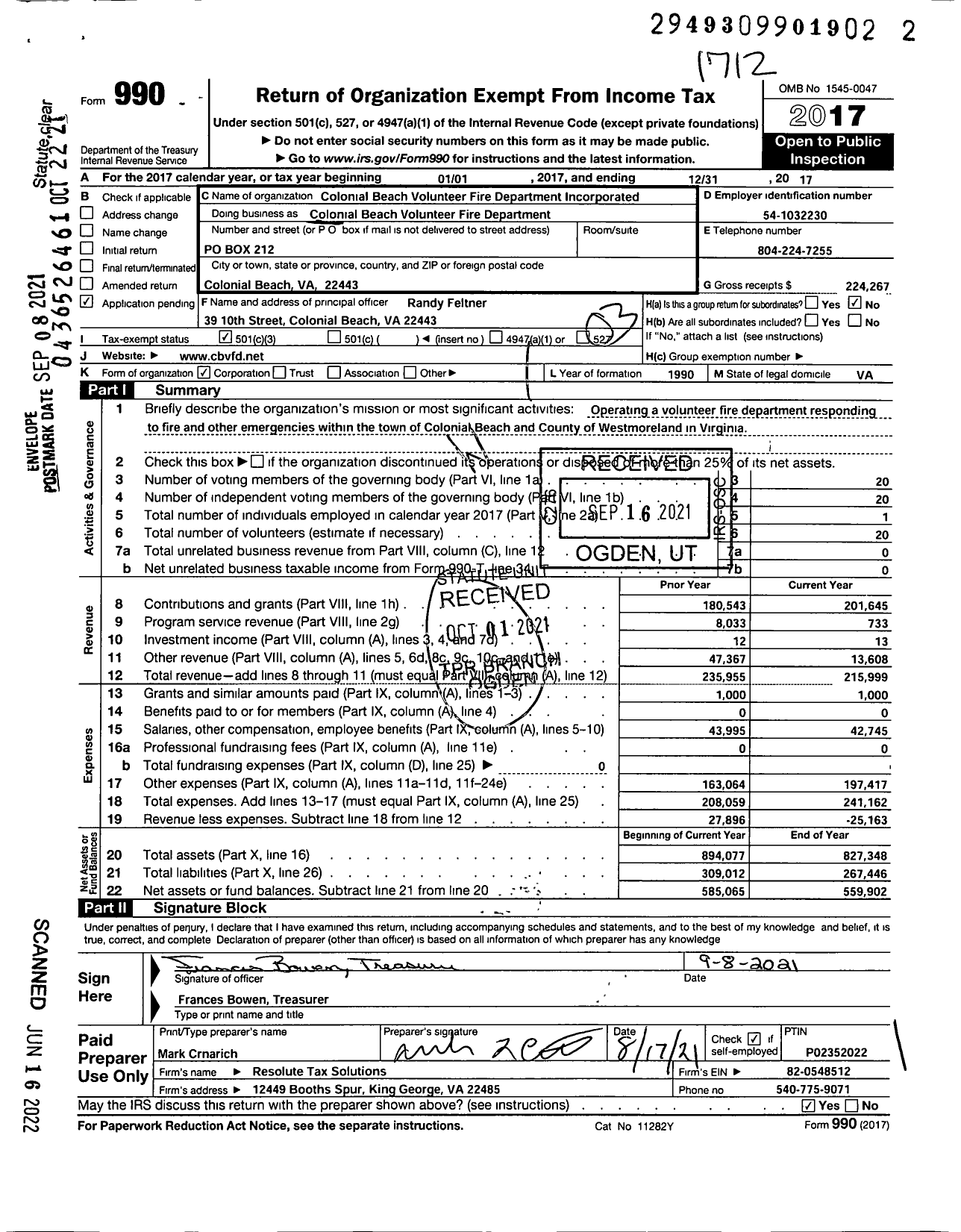 Image of first page of 2017 Form 990 for Colonial Beach Volunteer Fire Department