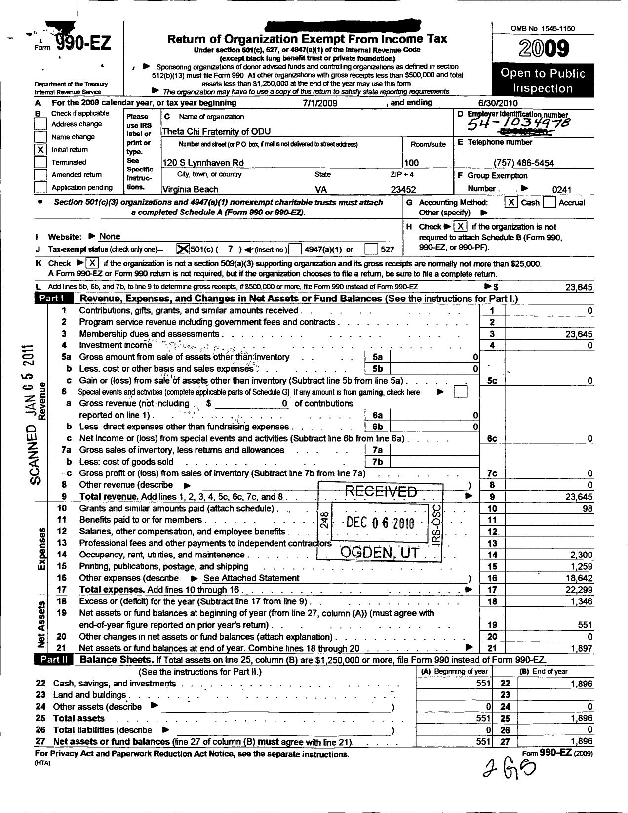Image of first page of 2009 Form 990EO for Zeta Pi Chapter of Theta Chi Fraternity