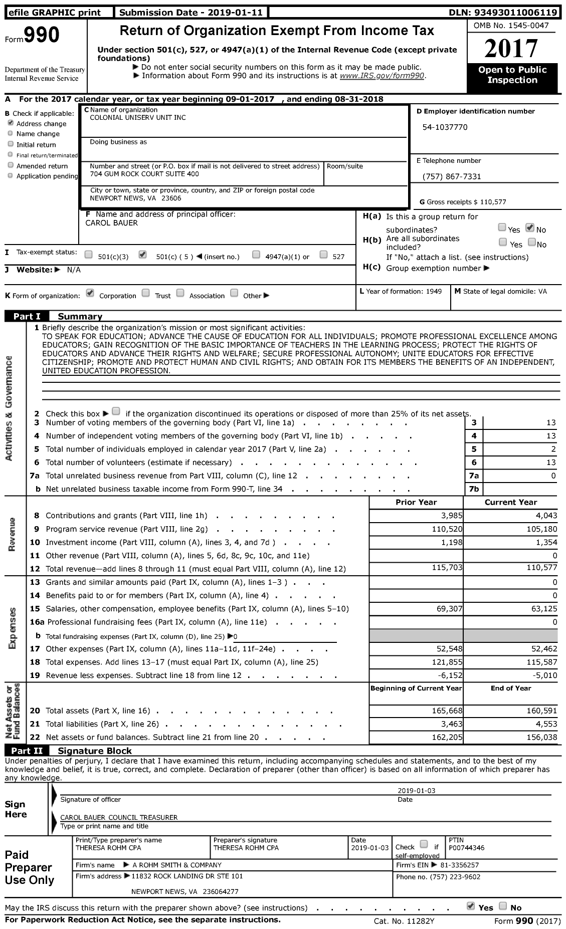 Image of first page of 2017 Form 990 for Colonial Uniserv Unit