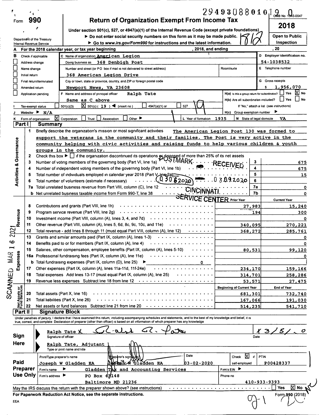 Image of first page of 2018 Form 990O for 368 Denbigh Post