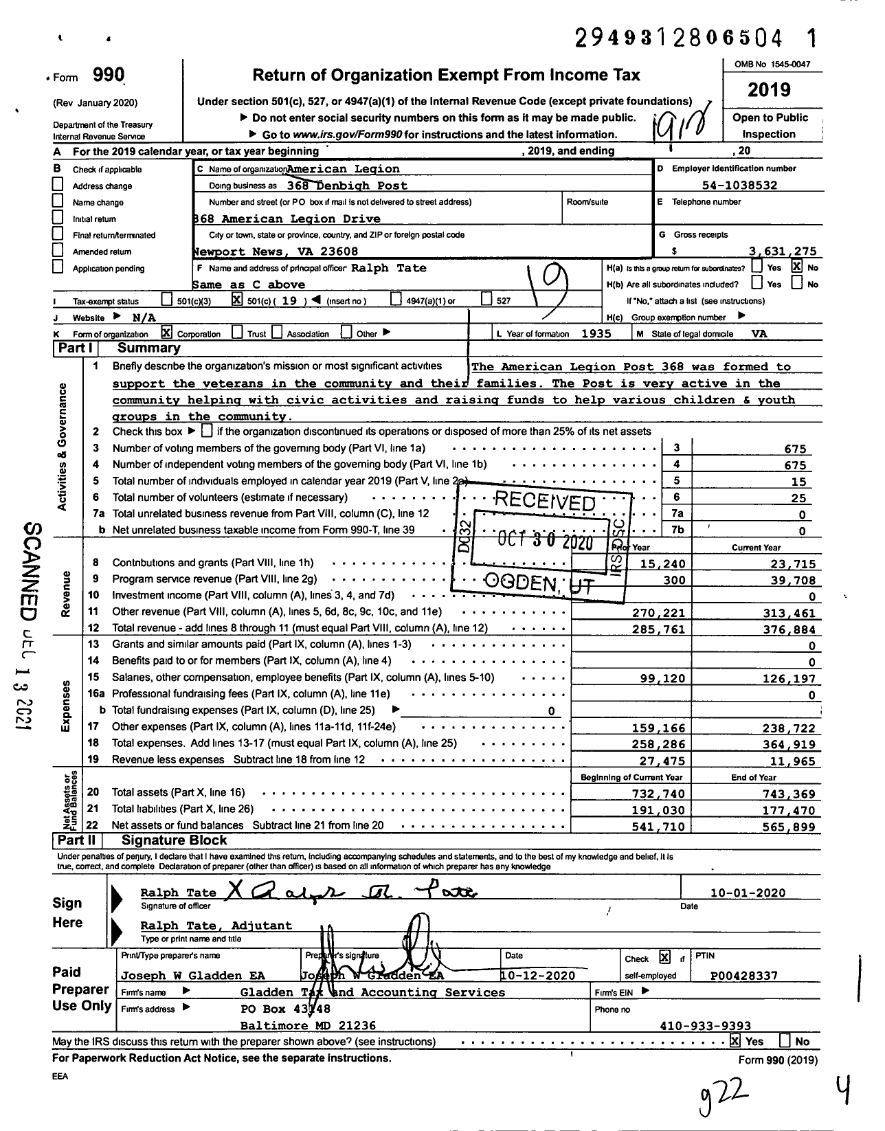 Image of first page of 2019 Form 990O for 368 Denbigh Post