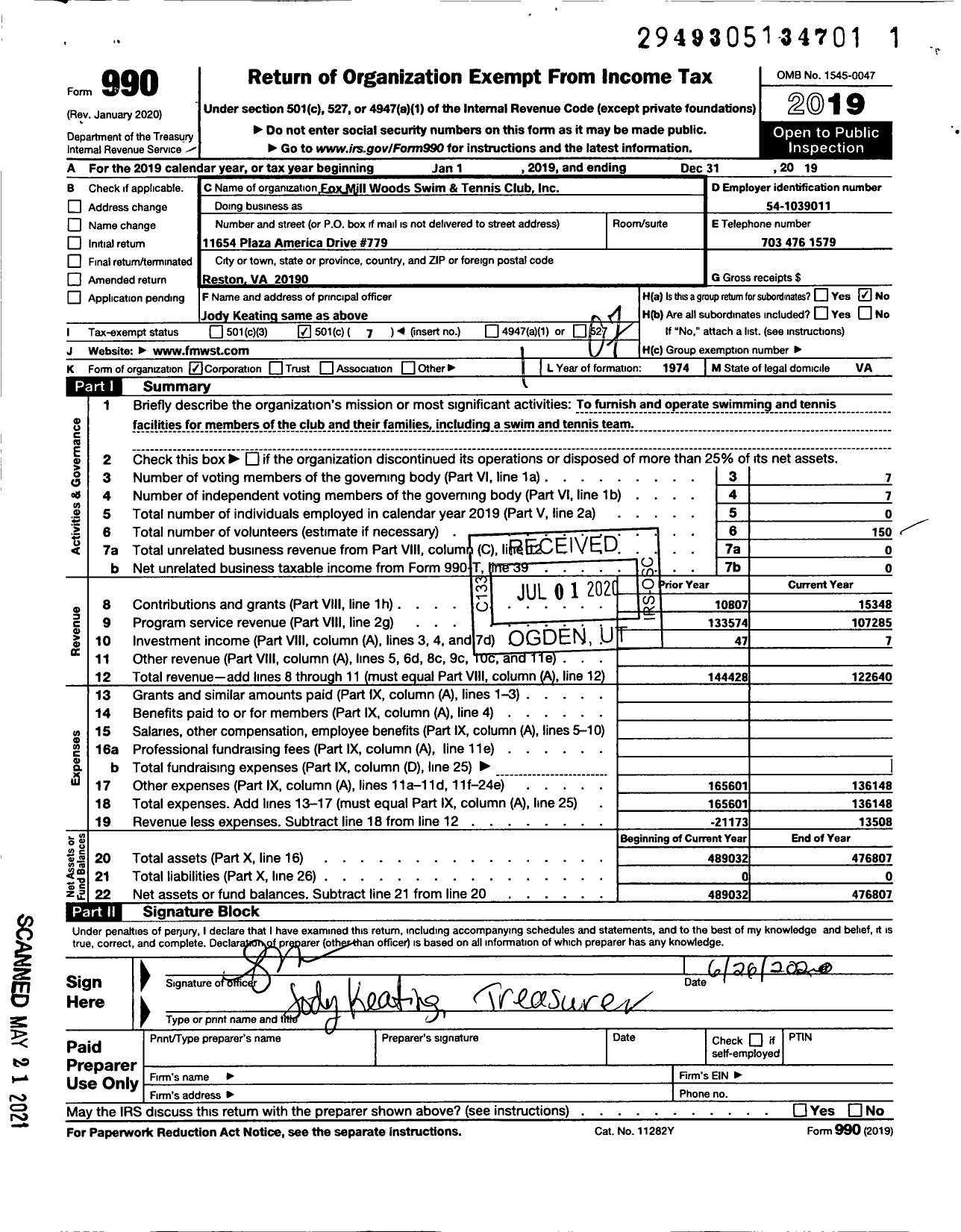 Image of first page of 2019 Form 990O for Fox Mill Woods Swim and Tennis Club