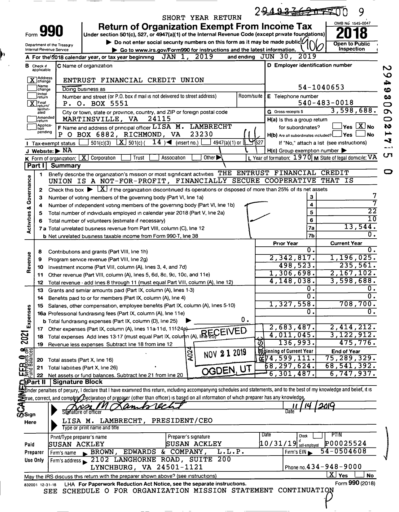 Image of first page of 2018 Form 990O for Entrust Financial Credit Union (EFCU)