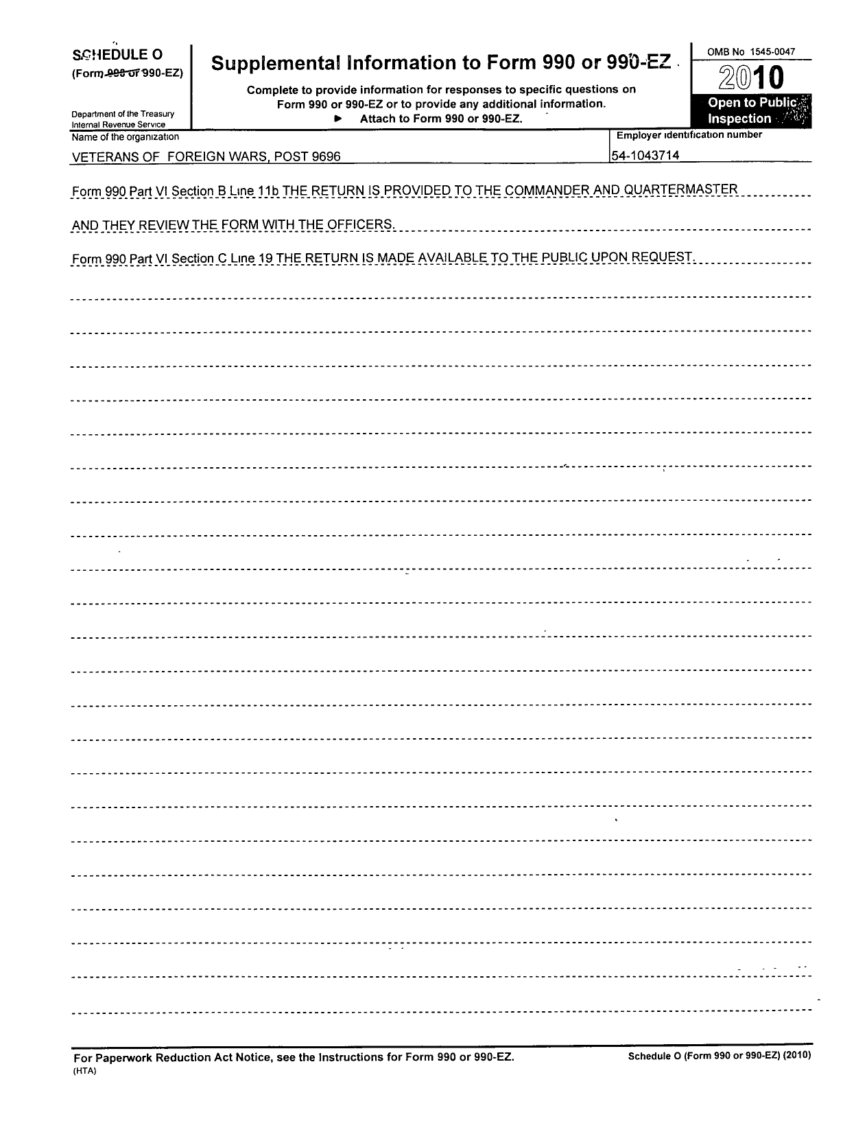 Image of first page of 2010 Form 990OR for VFW Virginia - 9696 Bluefield Memorial