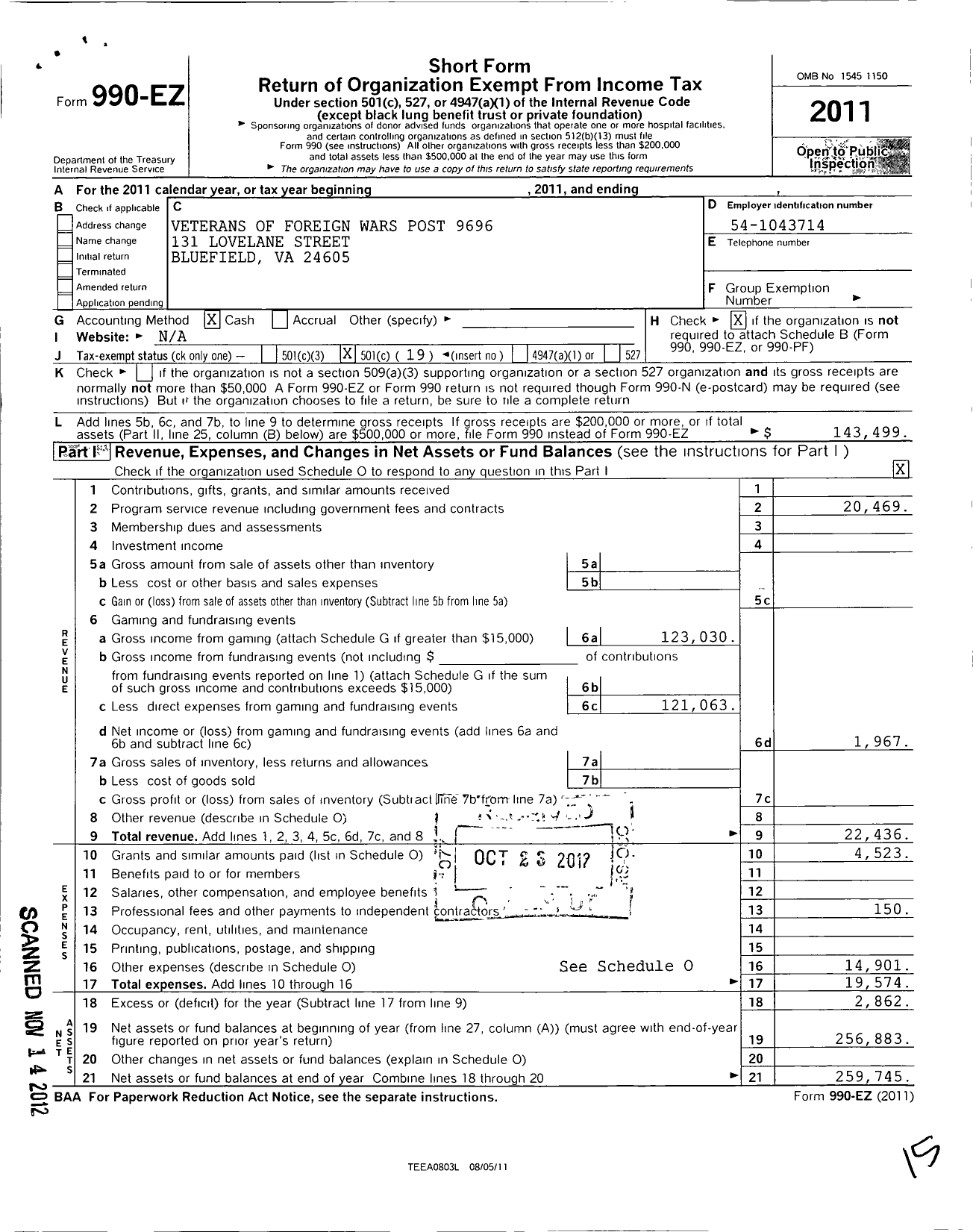 Image of first page of 2011 Form 990EO for VFW Virginia - 9696 Bluefield Memorial