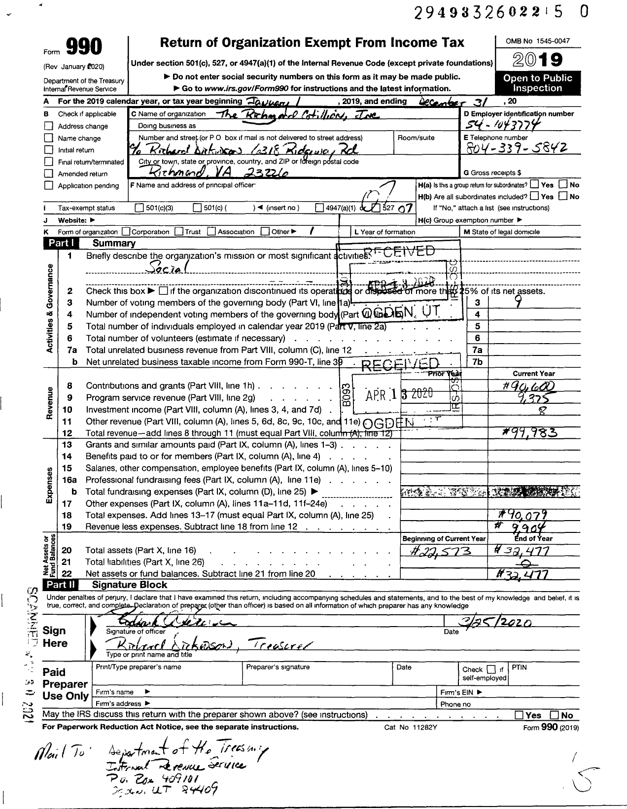 Image of first page of 2019 Form 990O for The Richmond Cotillion