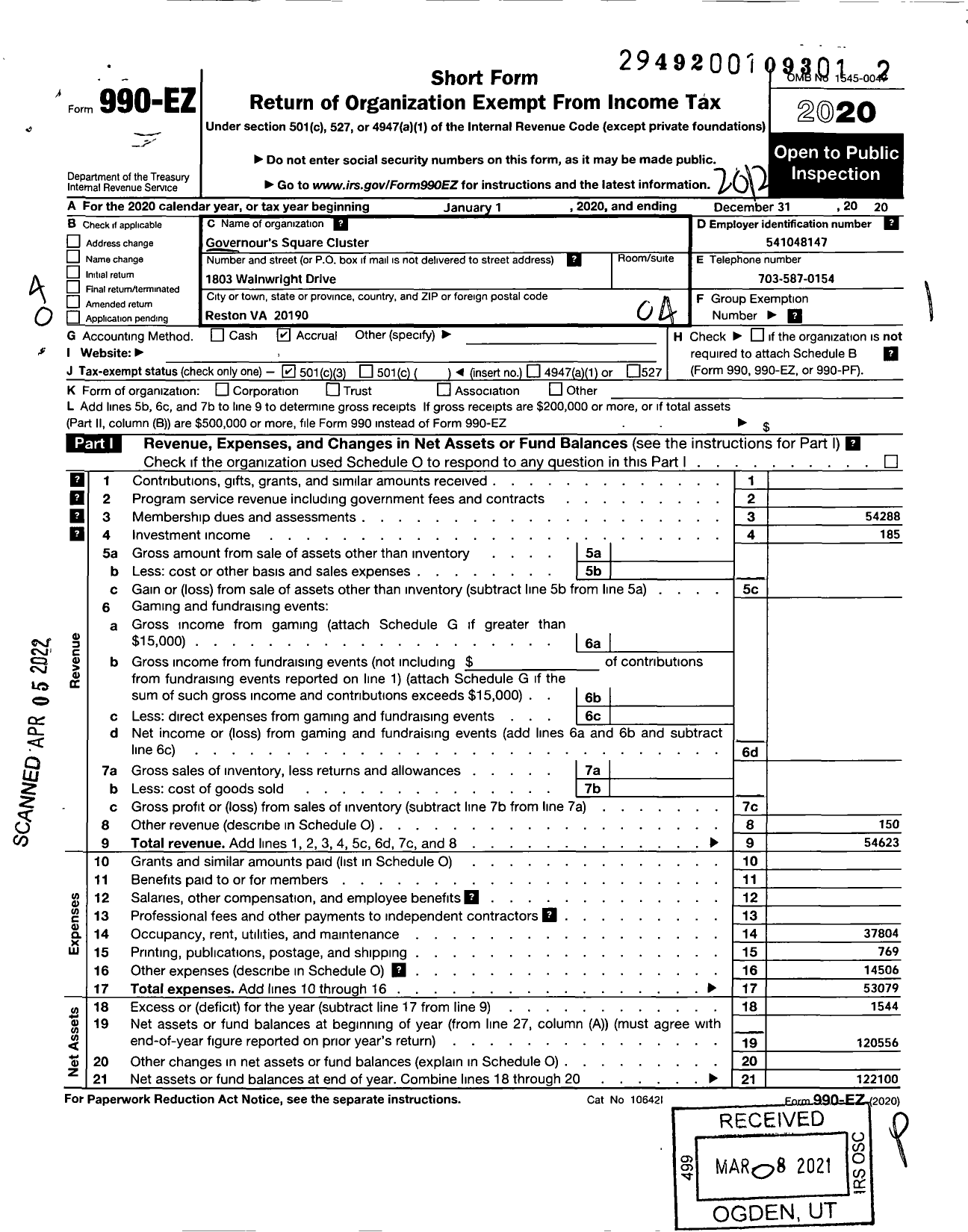 Image of first page of 2020 Form 990EO for Governours Square Cluster Association