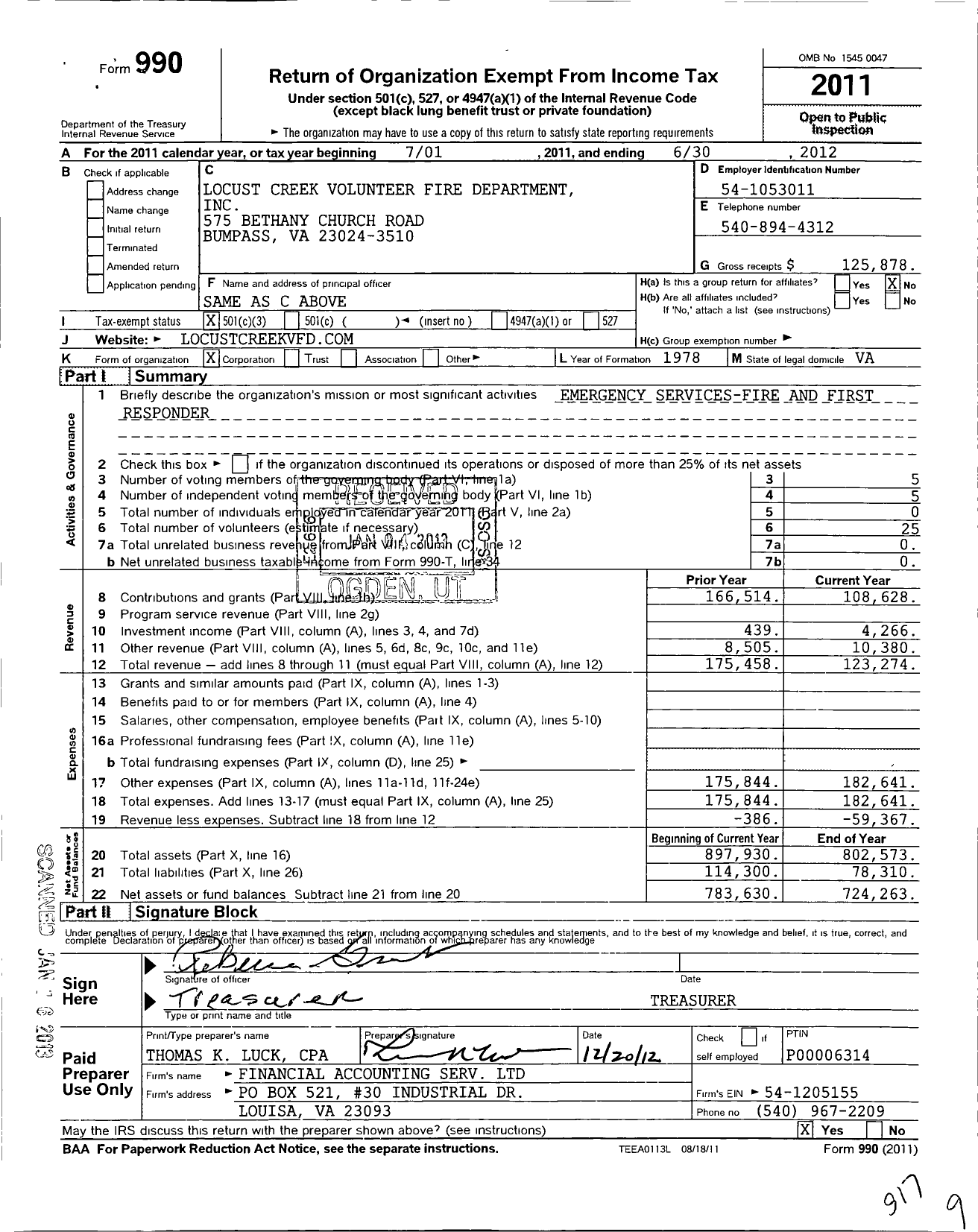 Image of first page of 2011 Form 990 for Locust Creek Volunteer Fire Department