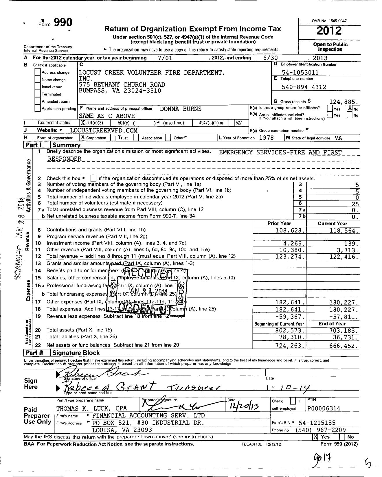 Image of first page of 2012 Form 990 for Locust Creek Volunteer Fire Department