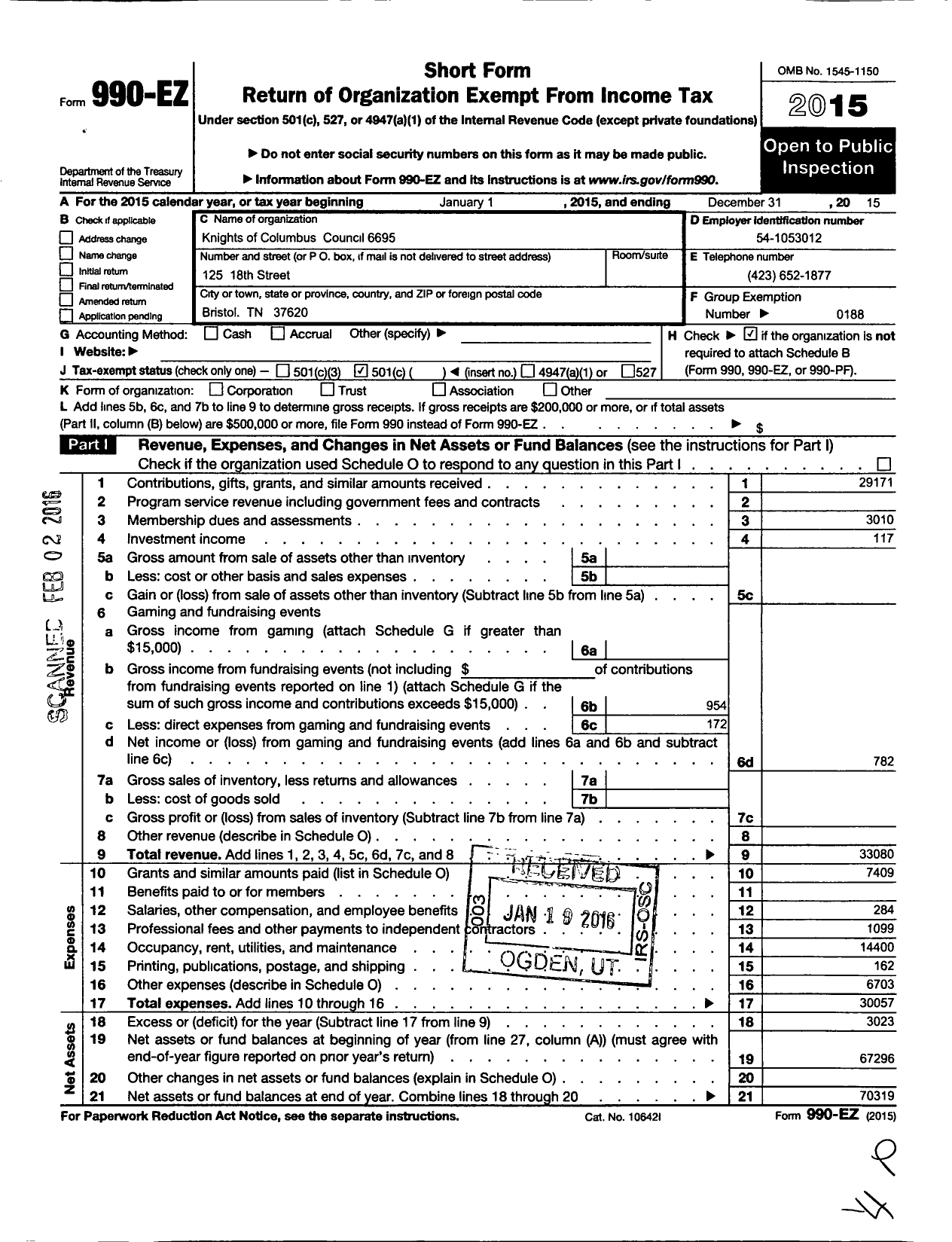 Image of first page of 2015 Form 990EO for Knights of Columbus - 6695 MSGR James J Hickie Council