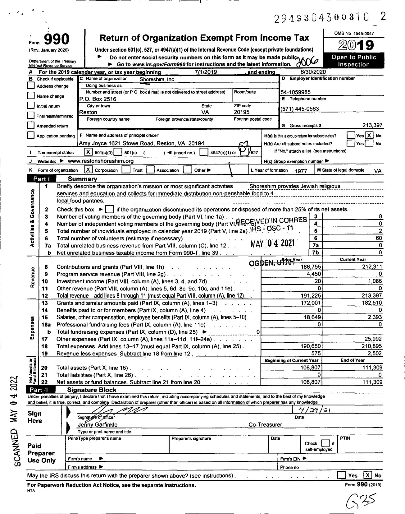 Image of first page of 2019 Form 990 for Shoreshim