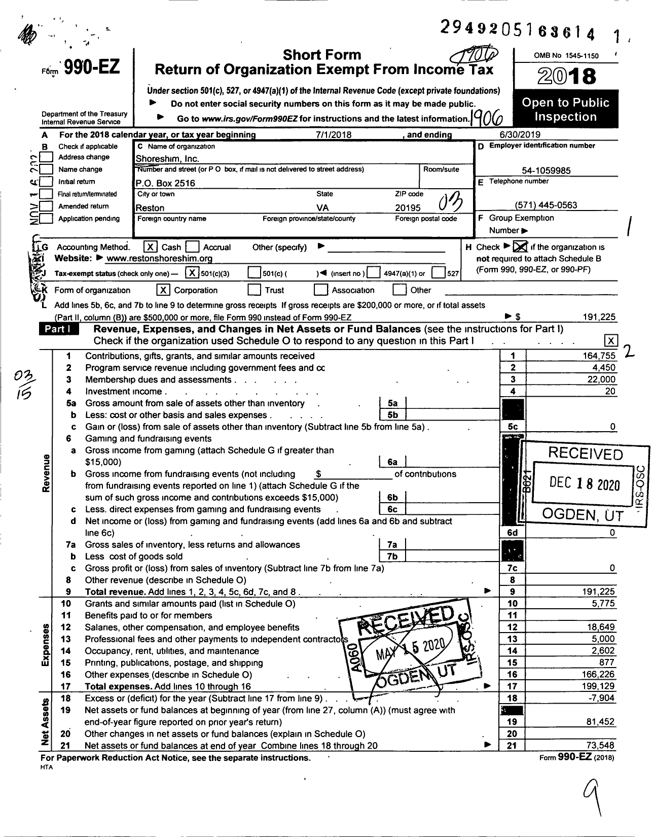 Image of first page of 2018 Form 990EZ for Shoreshim