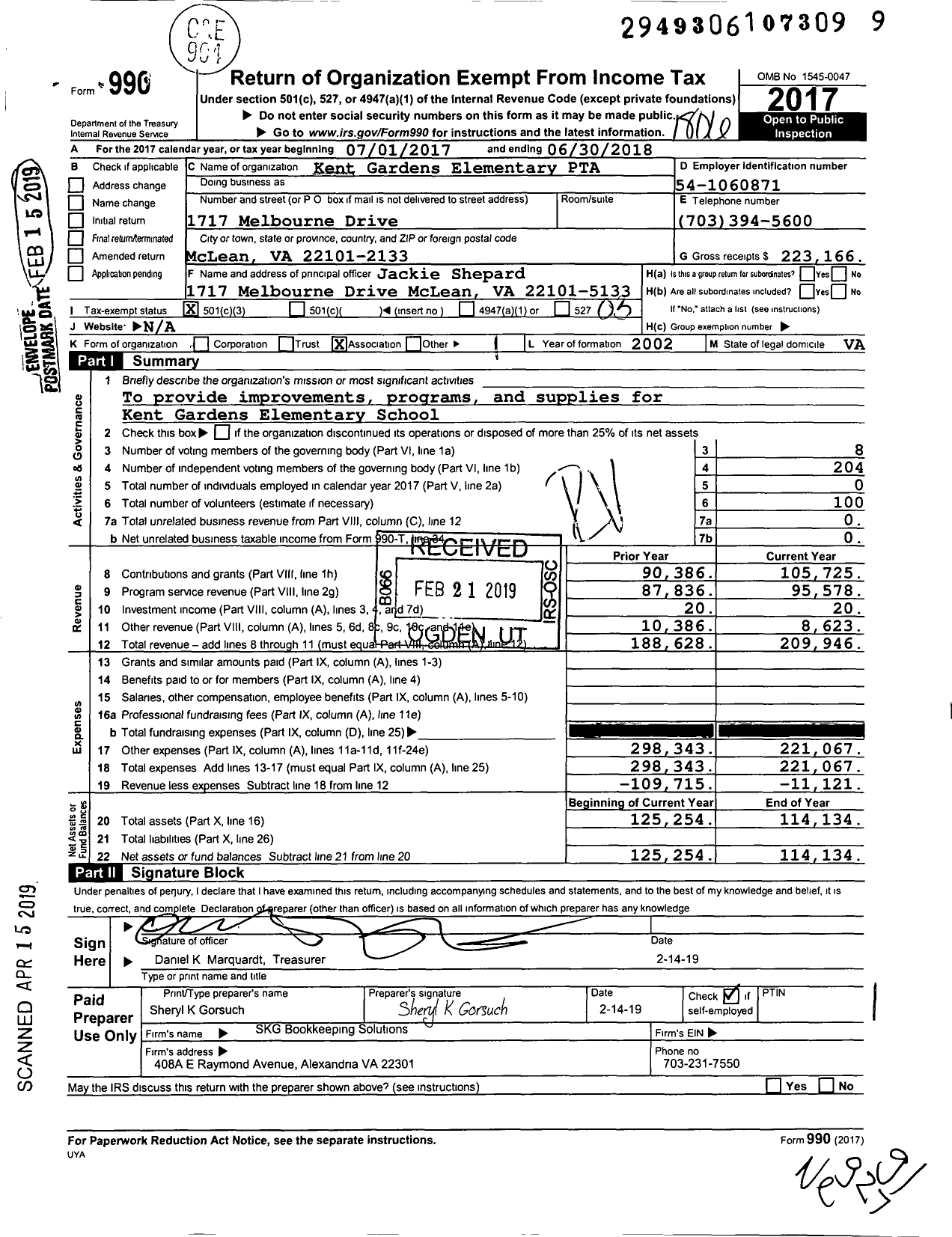 Image of first page of 2017 Form 990 for VIRGINIA PTA - Kent Gardens Elem PTA