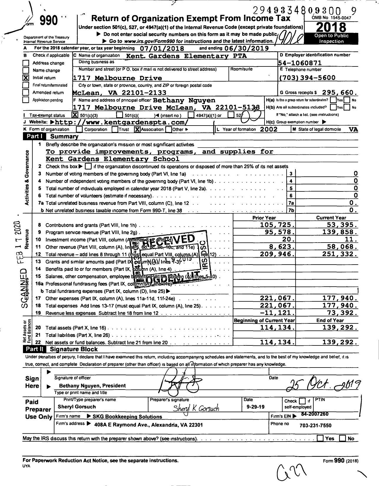 Image of first page of 2018 Form 990 for VIRGINIA PTA - Kent Gardens Elem PTA