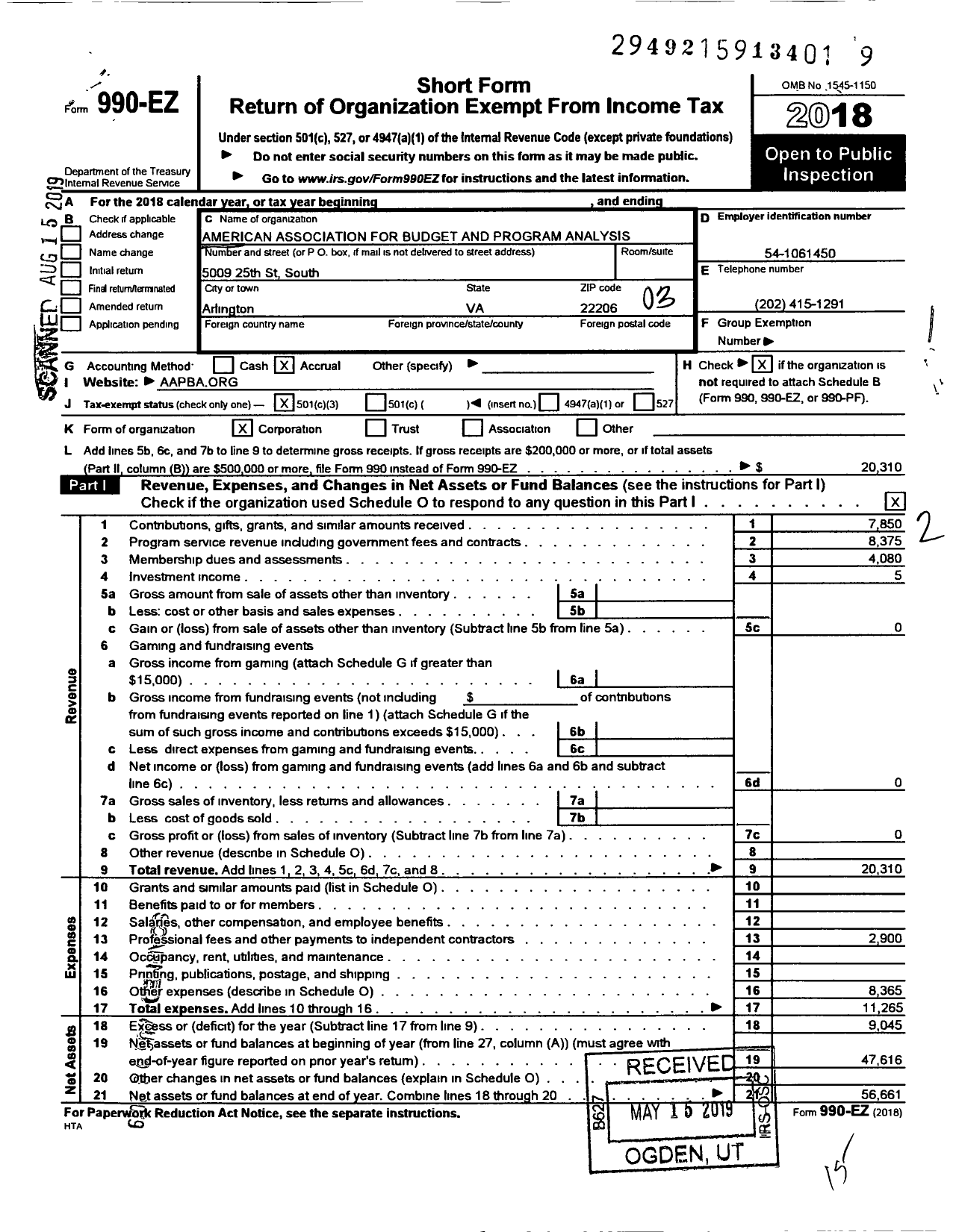 Image of first page of 2018 Form 990EZ for American Association for Budget and Program Analysis