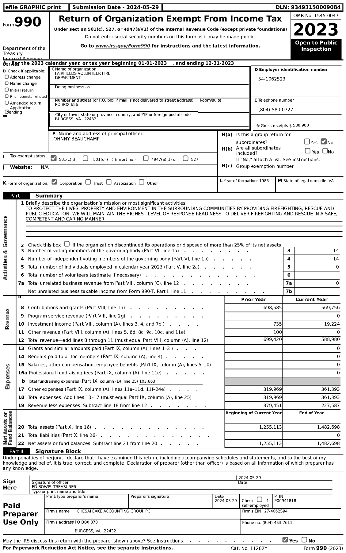 Image of first page of 2023 Form 990 for Fairfields Volunteer Fire Department