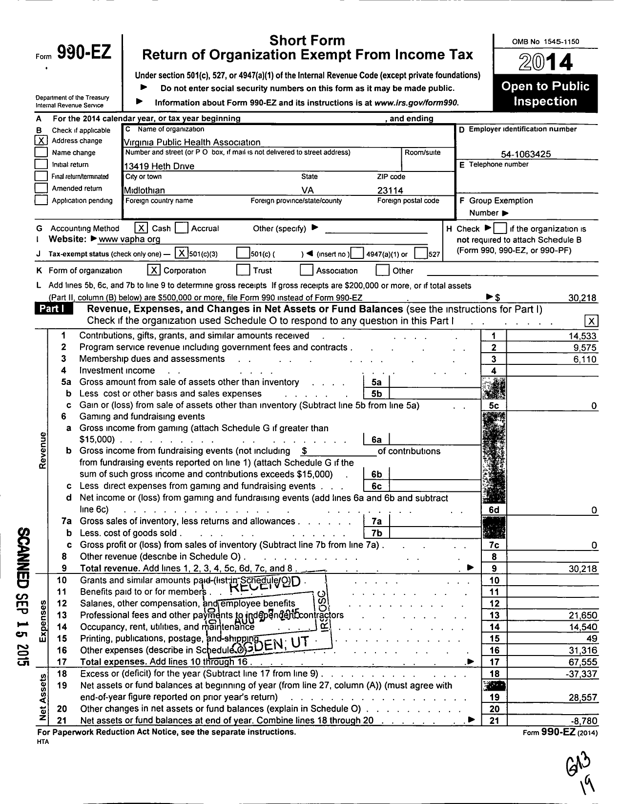 Image of first page of 2014 Form 990EZ for Virginia Public Health Association