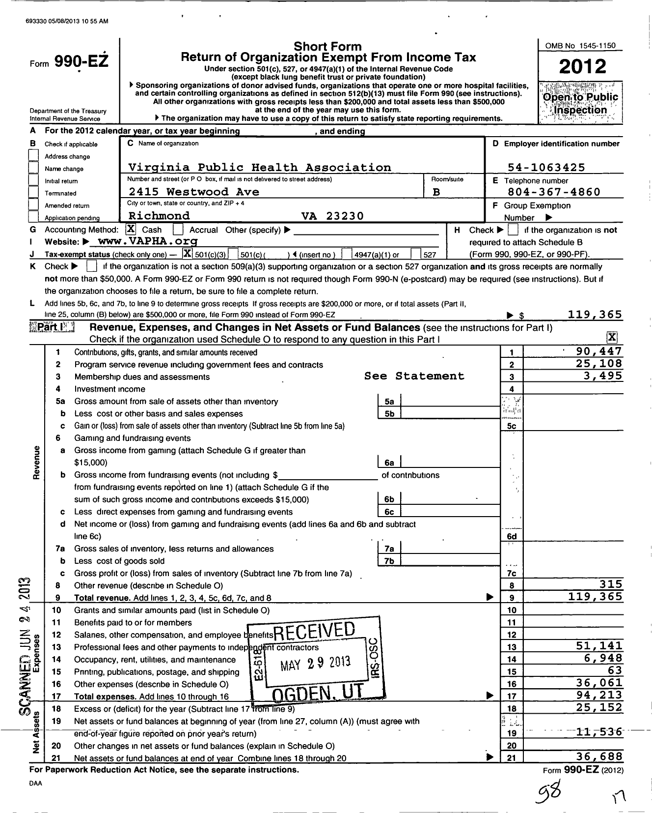 Image of first page of 2012 Form 990EZ for Virginia Public Health Association