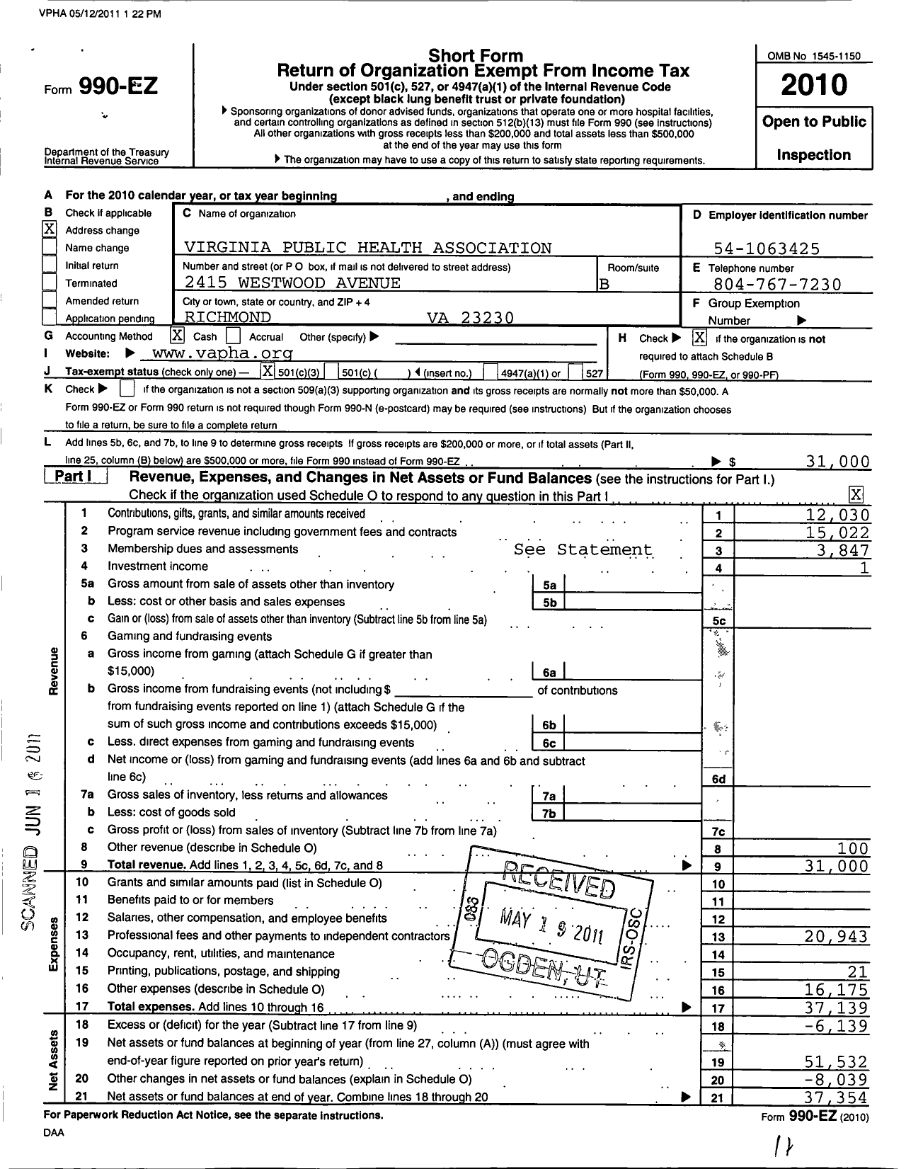 Image of first page of 2010 Form 990EZ for Virginia Public Health Association