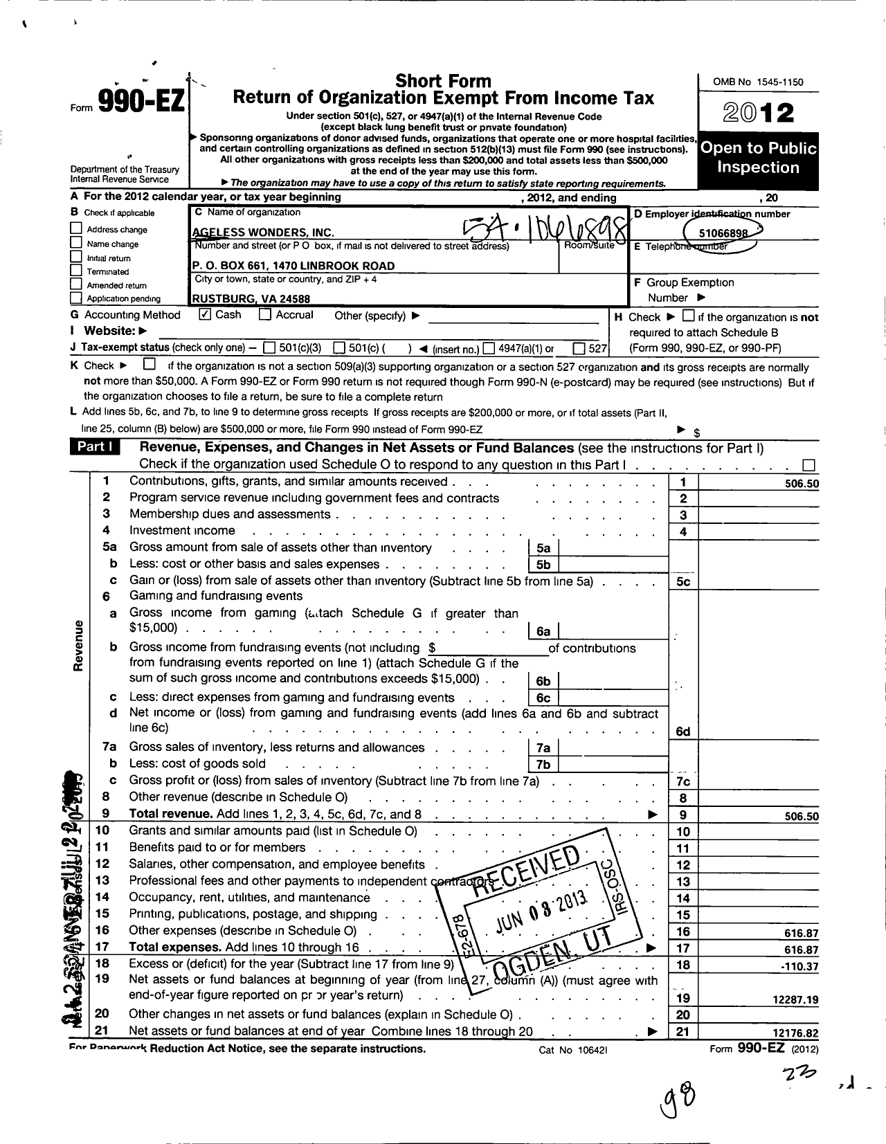 Image of first page of 2012 Form 990EO for Ageless Wonders