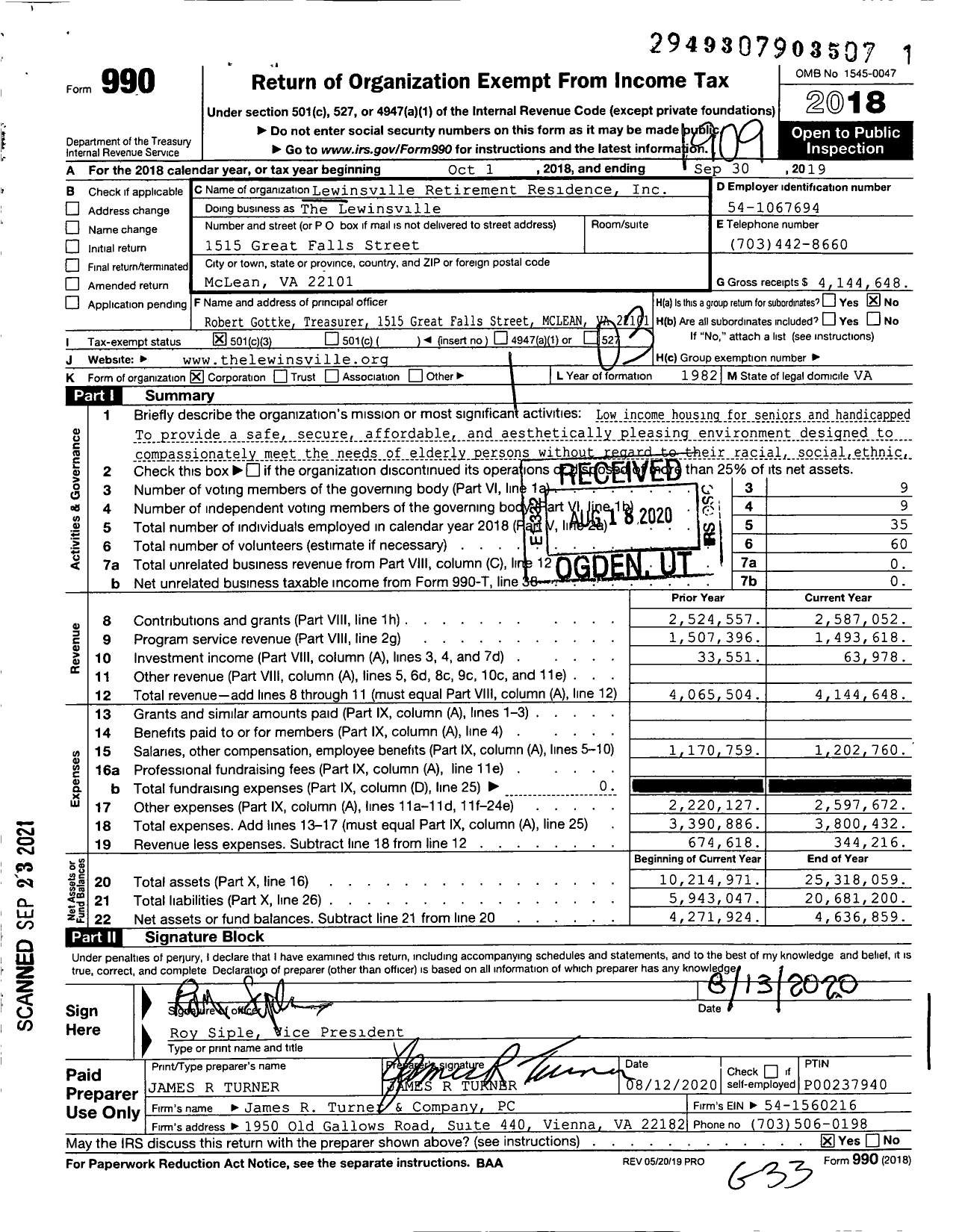 Image of first page of 2018 Form 990 for The Lewinsville