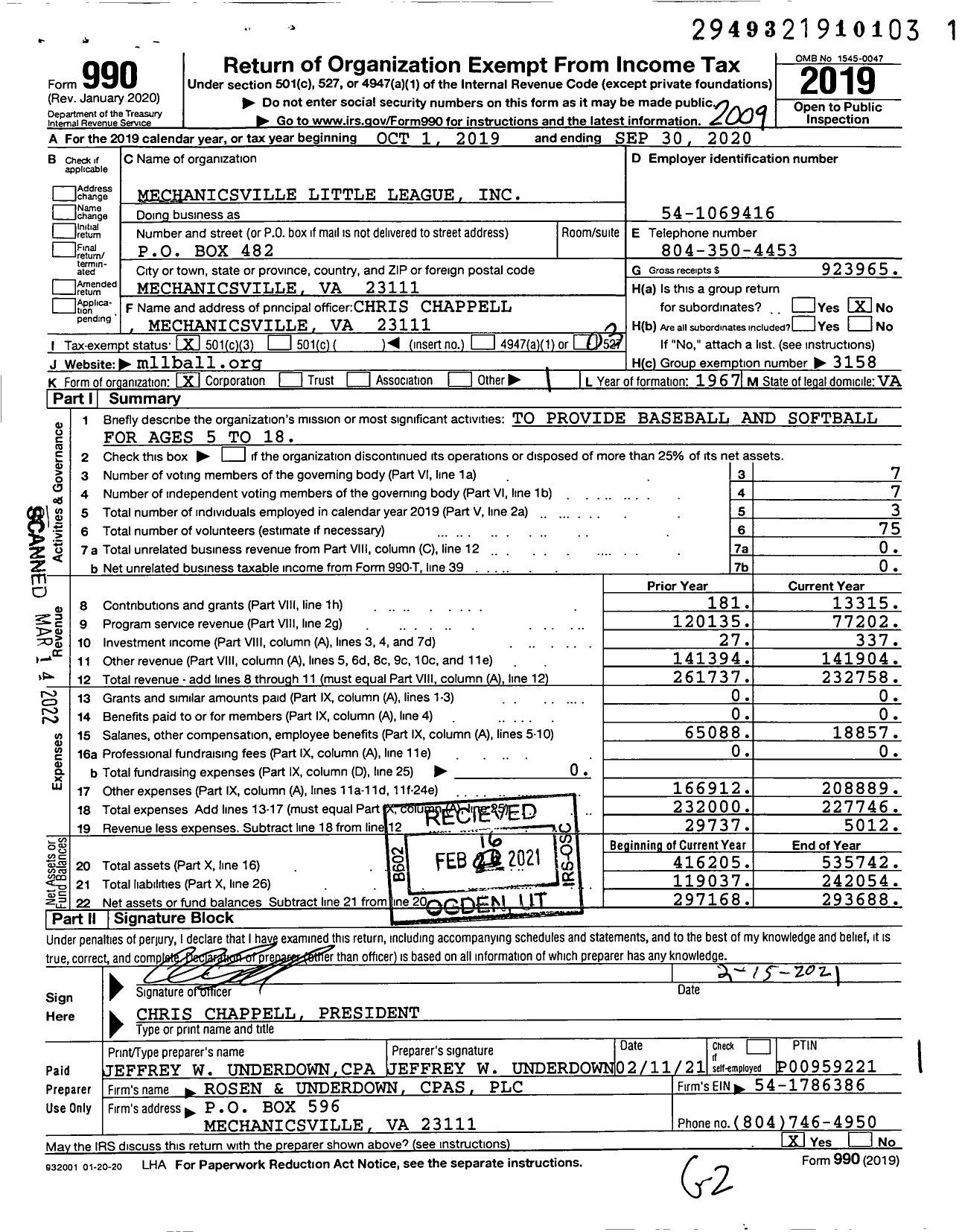 Image of first page of 2019 Form 990 for Little League Baseball - 3460503 Mechanicsville LL