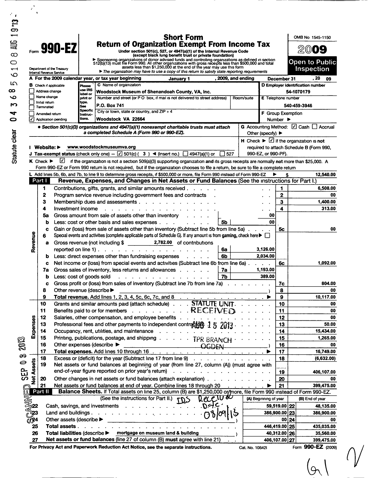 Image of first page of 2009 Form 990EZ for Woodstock Museum of Shenandoah County Virginia