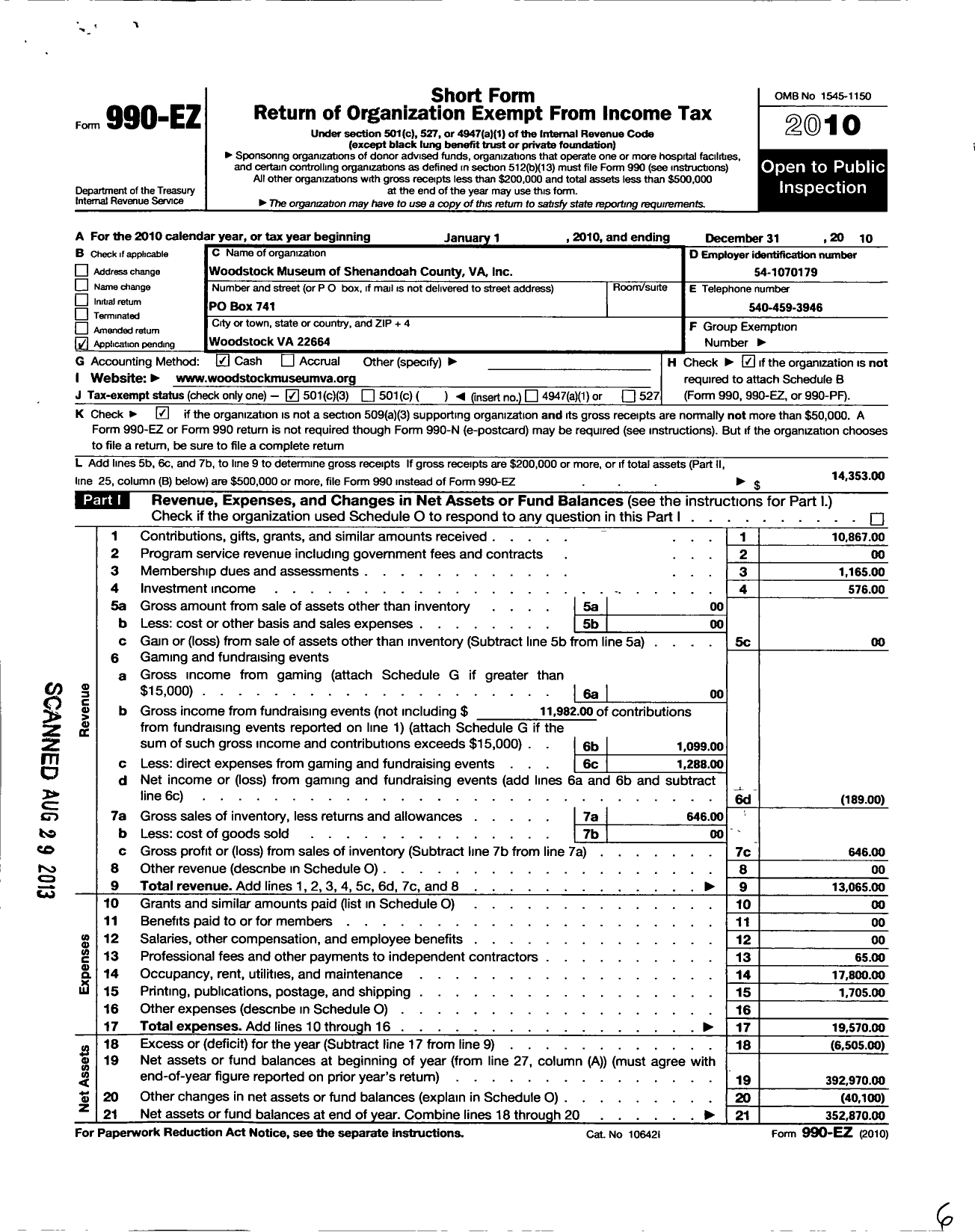 Image of first page of 2010 Form 990EZ for Woodstock Museum of Shenandoah County Virginia