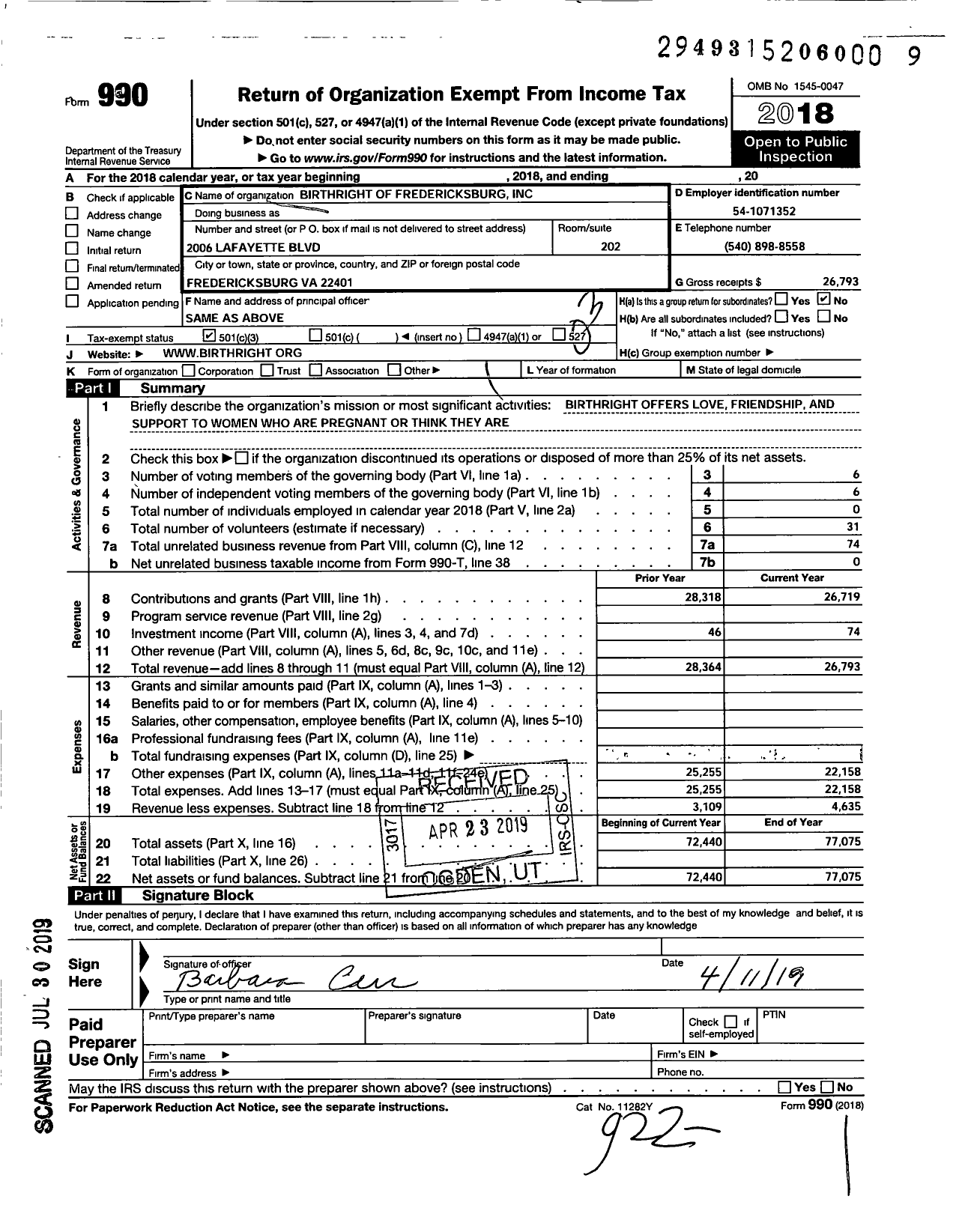 Image of first page of 2018 Form 990 for Birthright of Fredericksburg