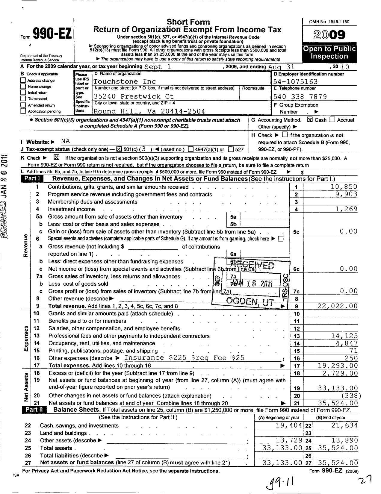 Image of first page of 2009 Form 990EZ for Touchstone Incorporated