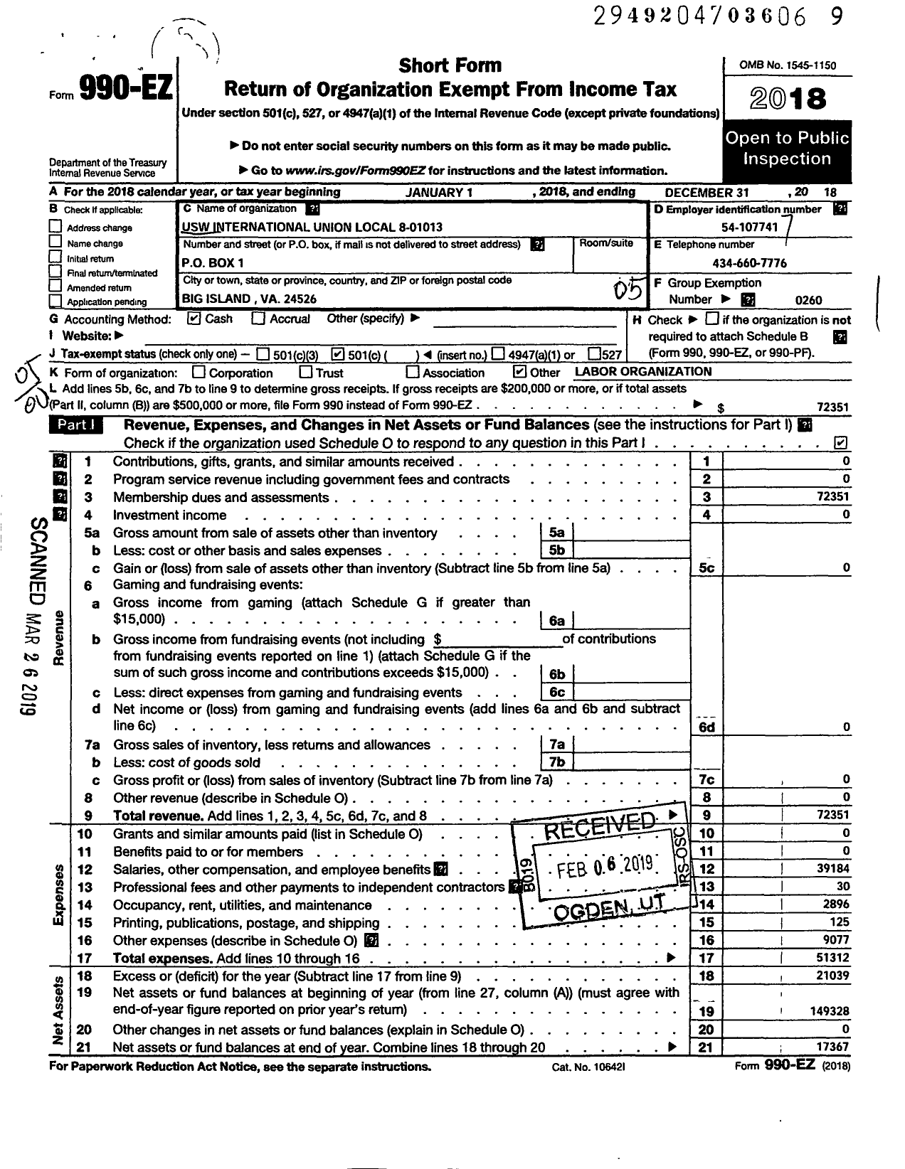 Image of first page of 2018 Form 990EO for United Steelworkers / 8-01013 Local