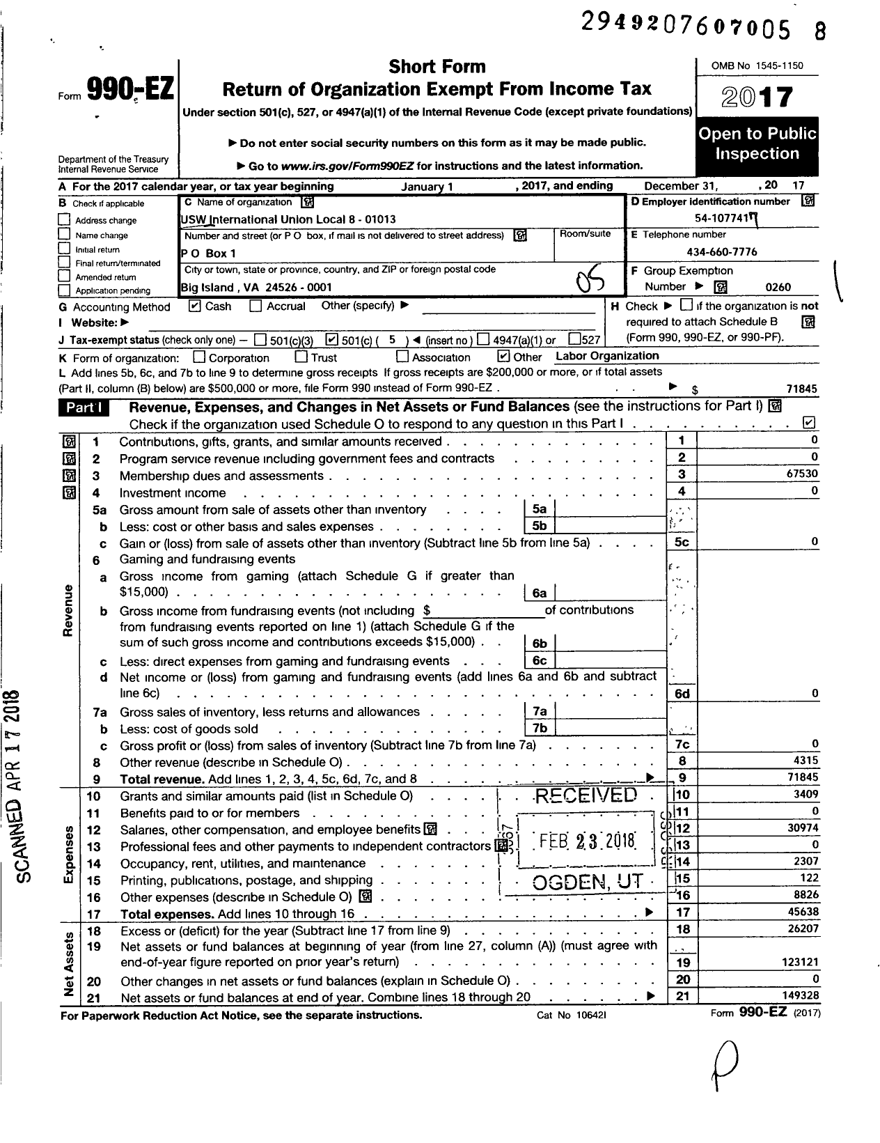 Image of first page of 2017 Form 990EO for United Steelworkers / 8-01013 Local