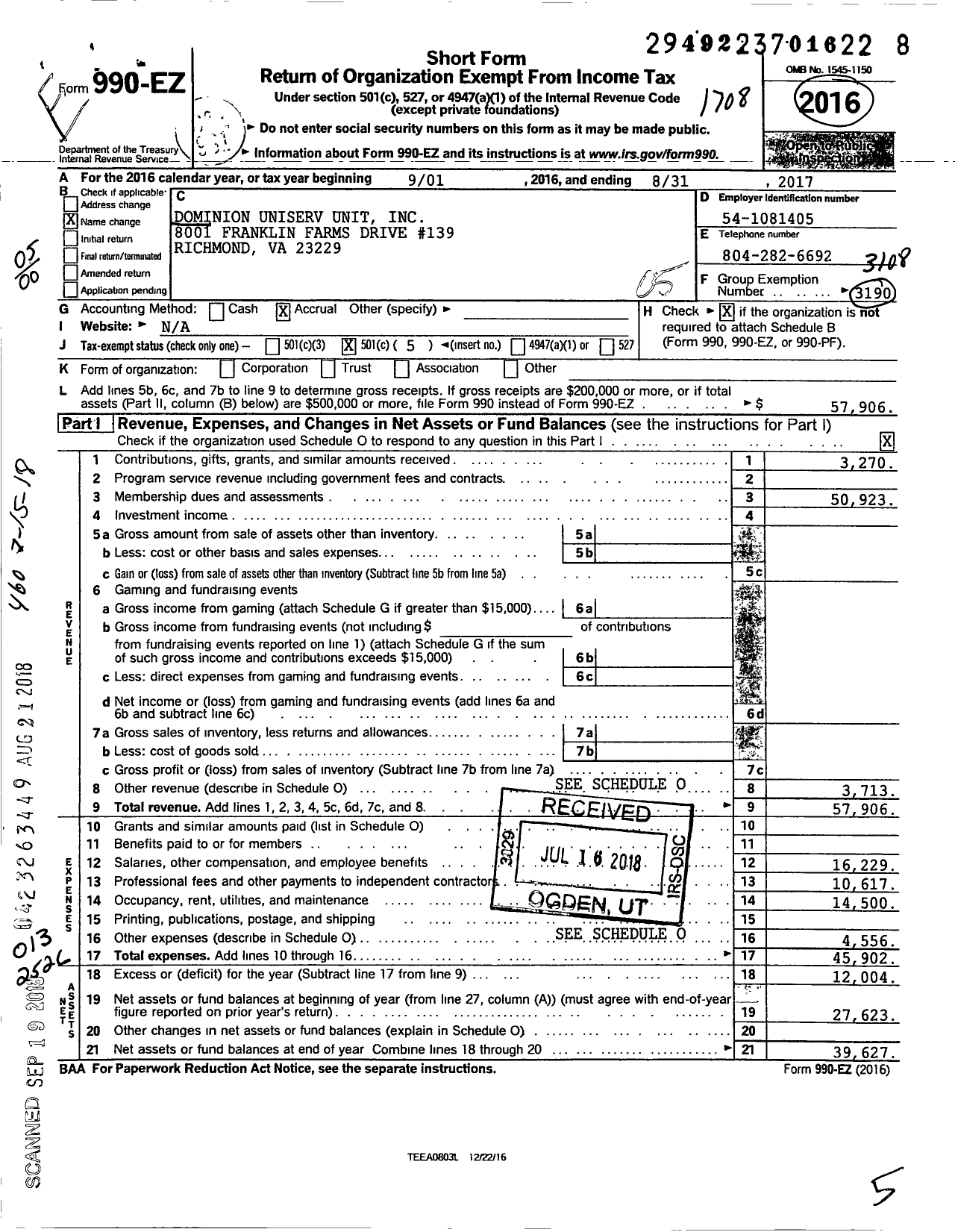 Image of first page of 2016 Form 990EO for Dominion Uniserv Unit