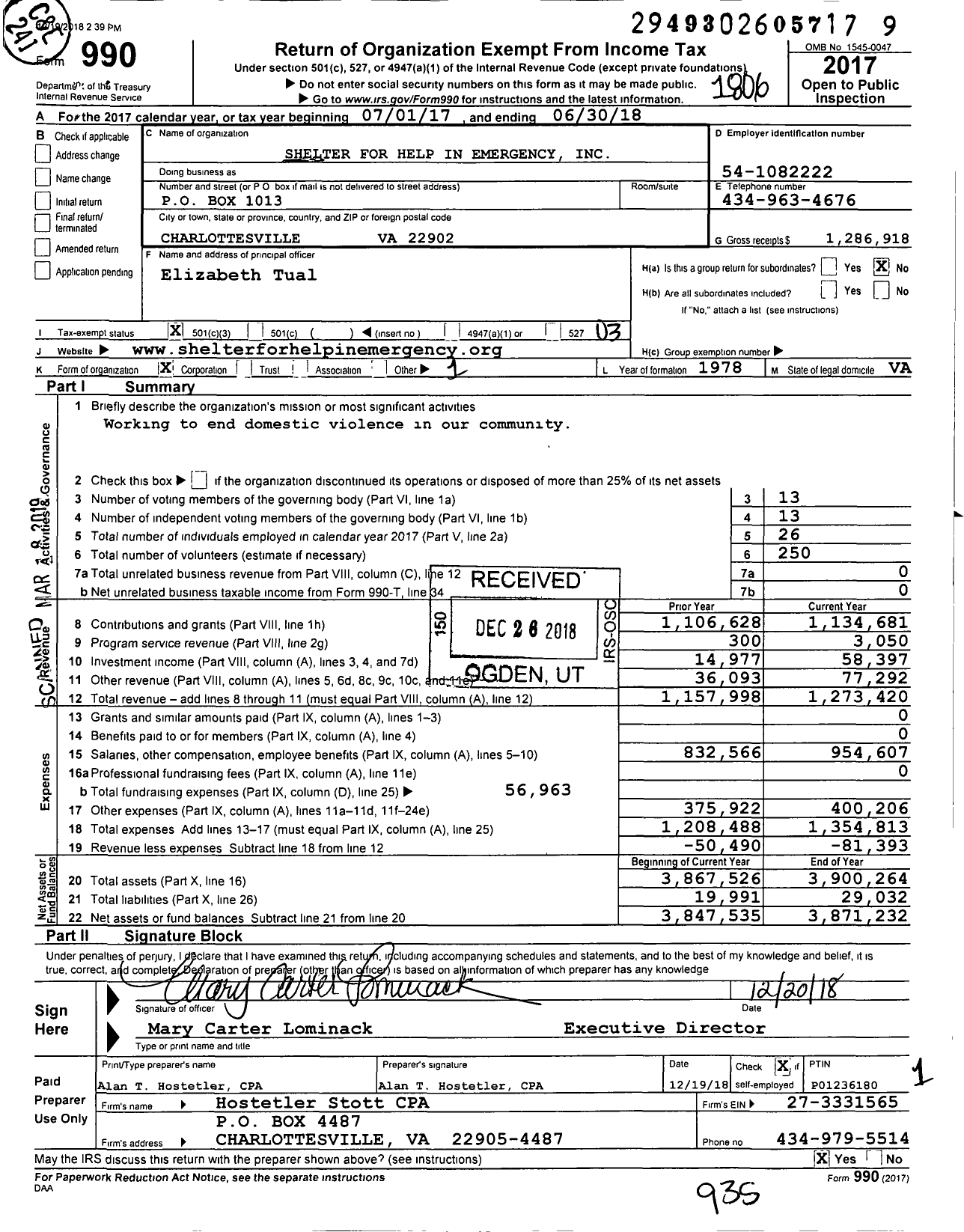 Image of first page of 2017 Form 990 for Shelter for Help in Emergency