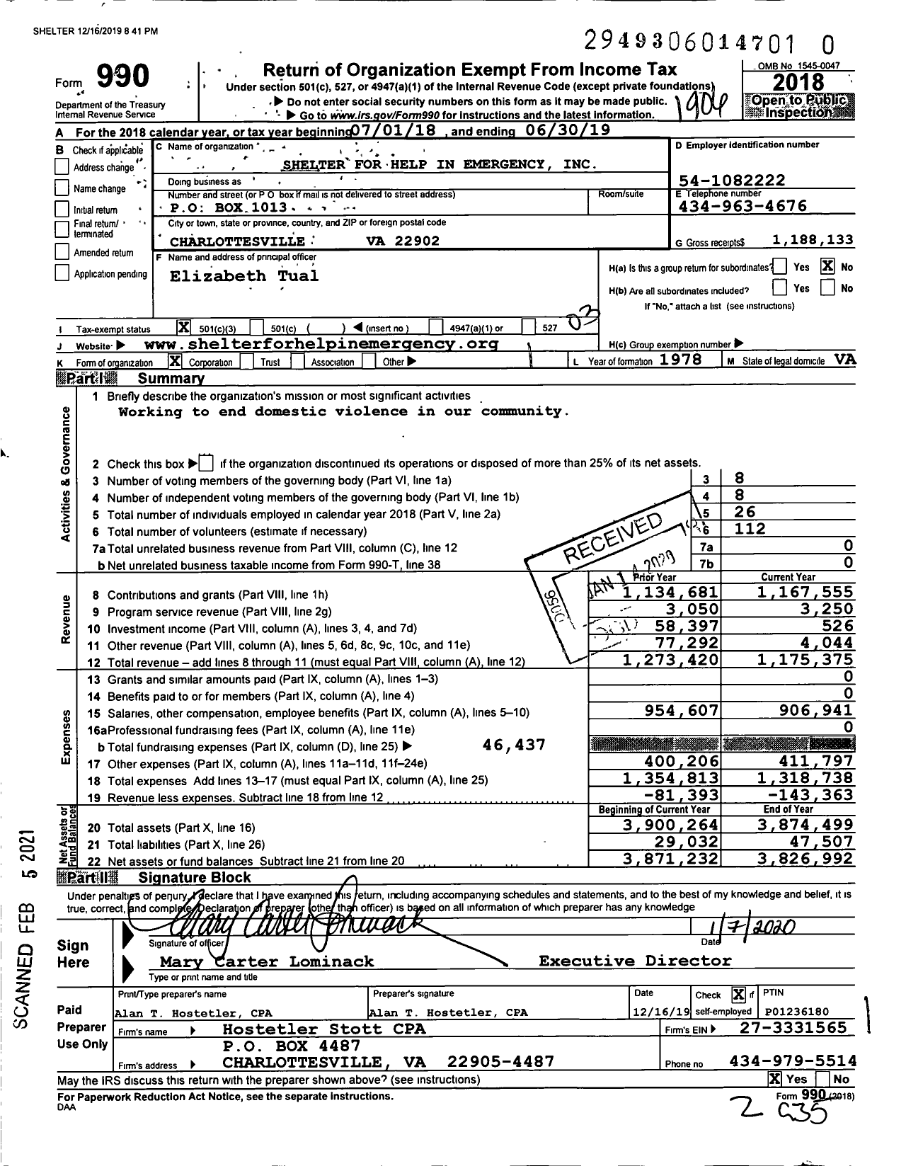 Image of first page of 2018 Form 990 for Shelter for Help in Emergency