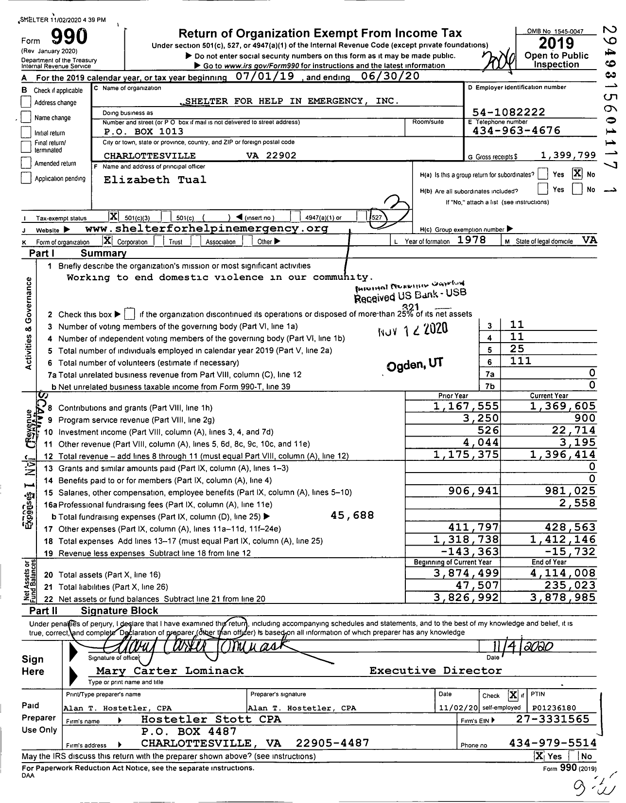 Image of first page of 2019 Form 990 for Shelter for Help in Emergency