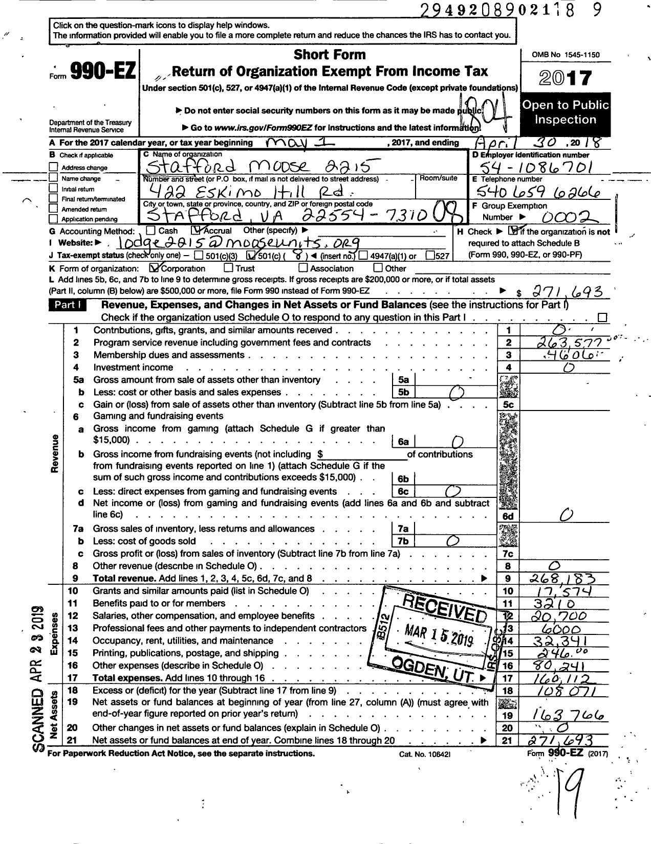 Image of first page of 2017 Form 990EO for Loyal Order of Moose - 2215