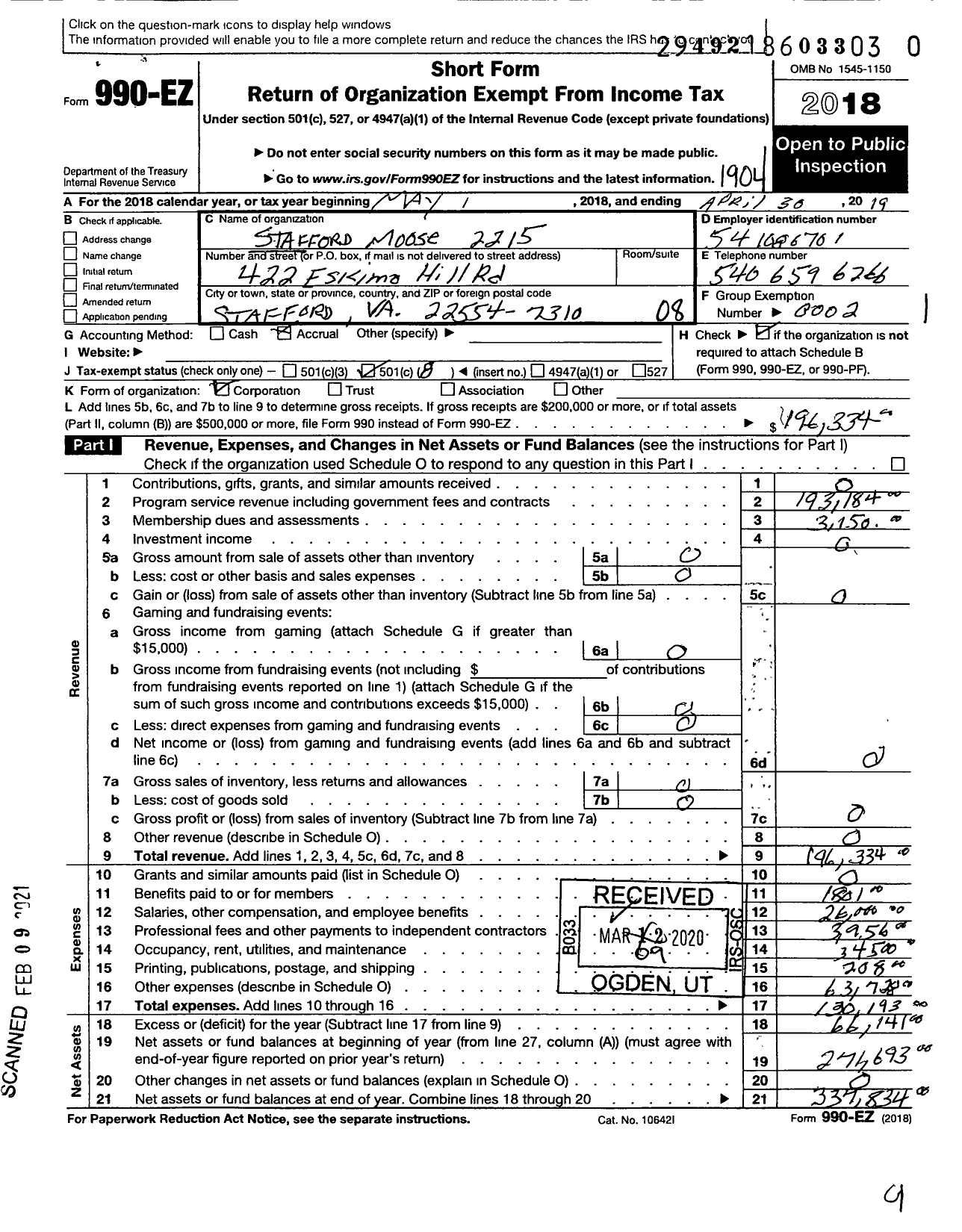 Image of first page of 2018 Form 990EO for Loyal Order of Moose - 2215